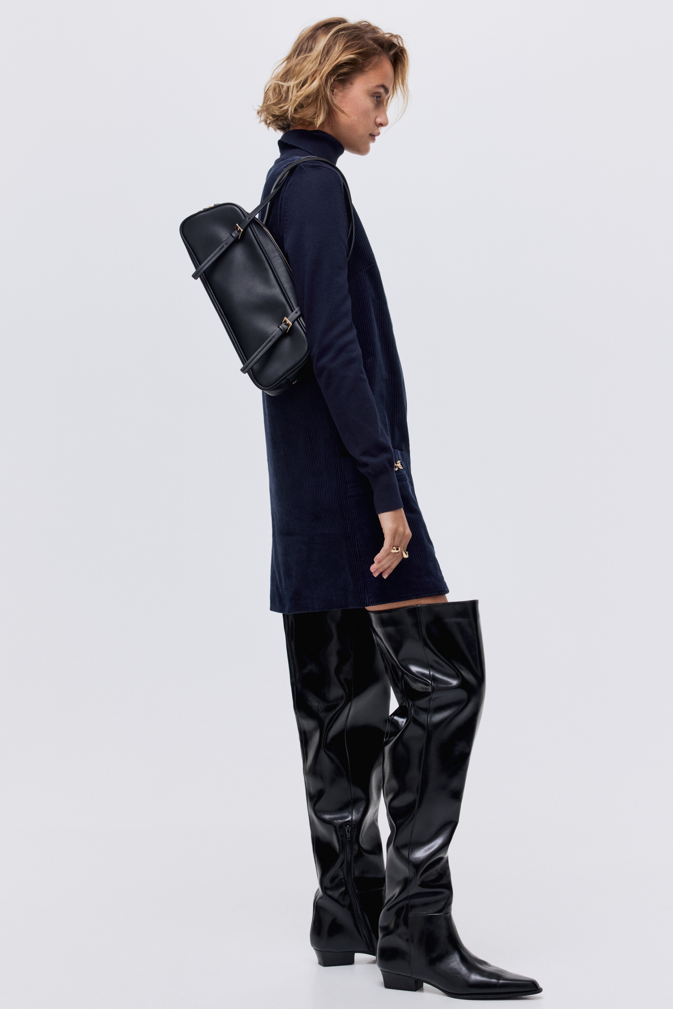 Haljina ravnog kroja od rebrastog somota - Mornarsko plava