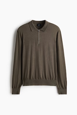 Pikétröja i merinoull med dragkedja Regular Fit