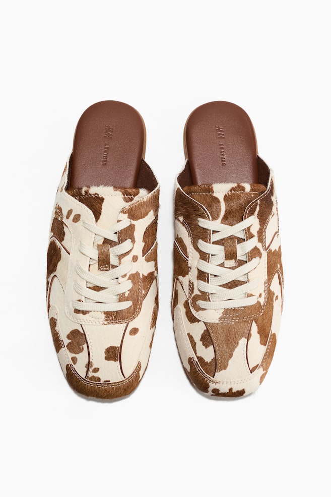 Sneaker-Style Leather Mules - Brown/cowhide print - 1
