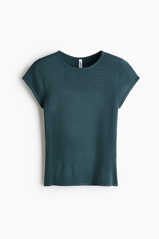 Cap-Sleeved Fine-Knit Top - Dark turquoise/Light beige/striped/Burgundy - 1