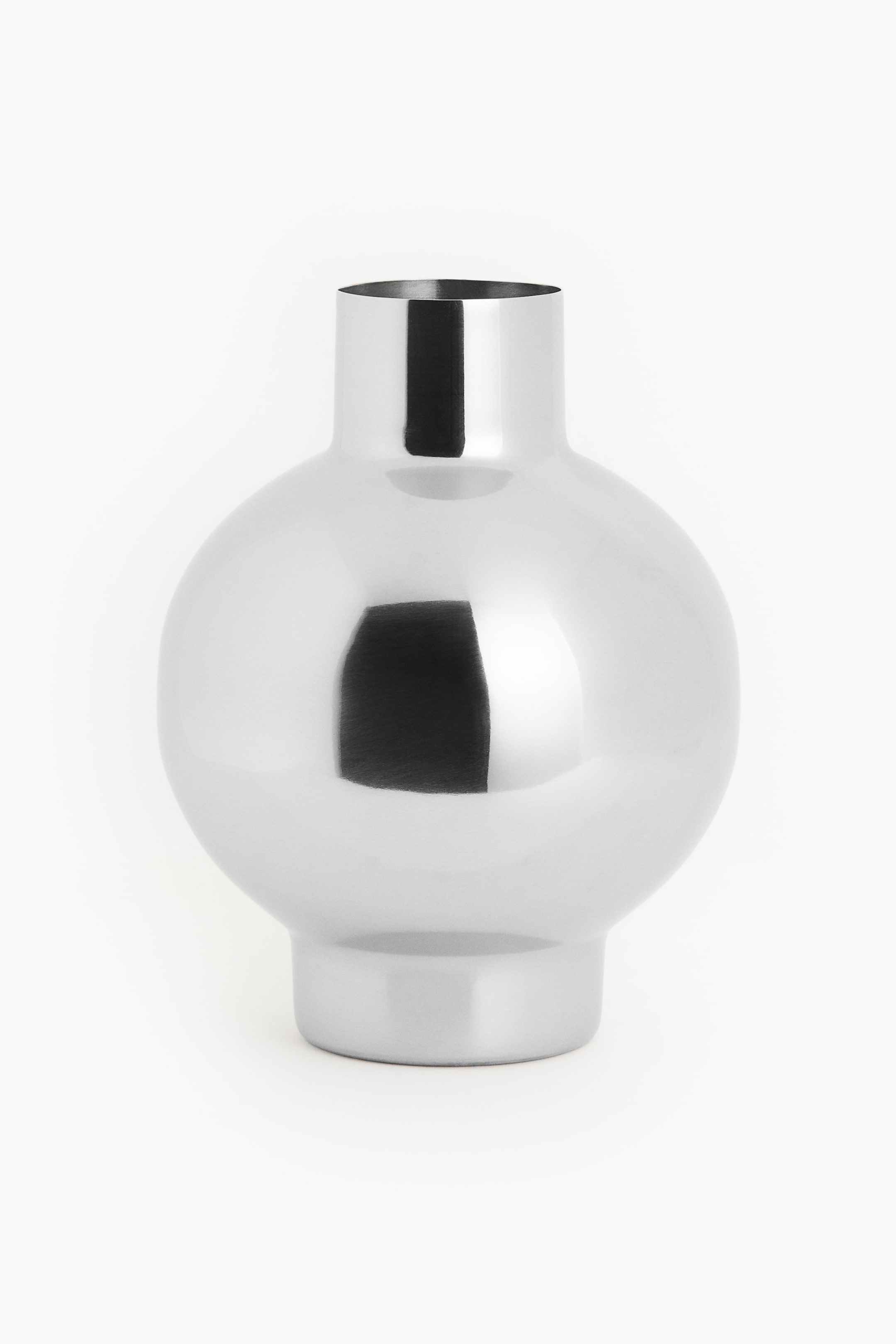 View larger image: A polished silver vase featuring a spherical body, a narrow cylindrical neck, and a shorter cylindrical base.