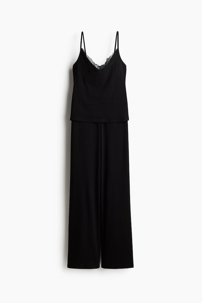 Lace-trimmed ribbed pyjamas - Black/Cream - 1