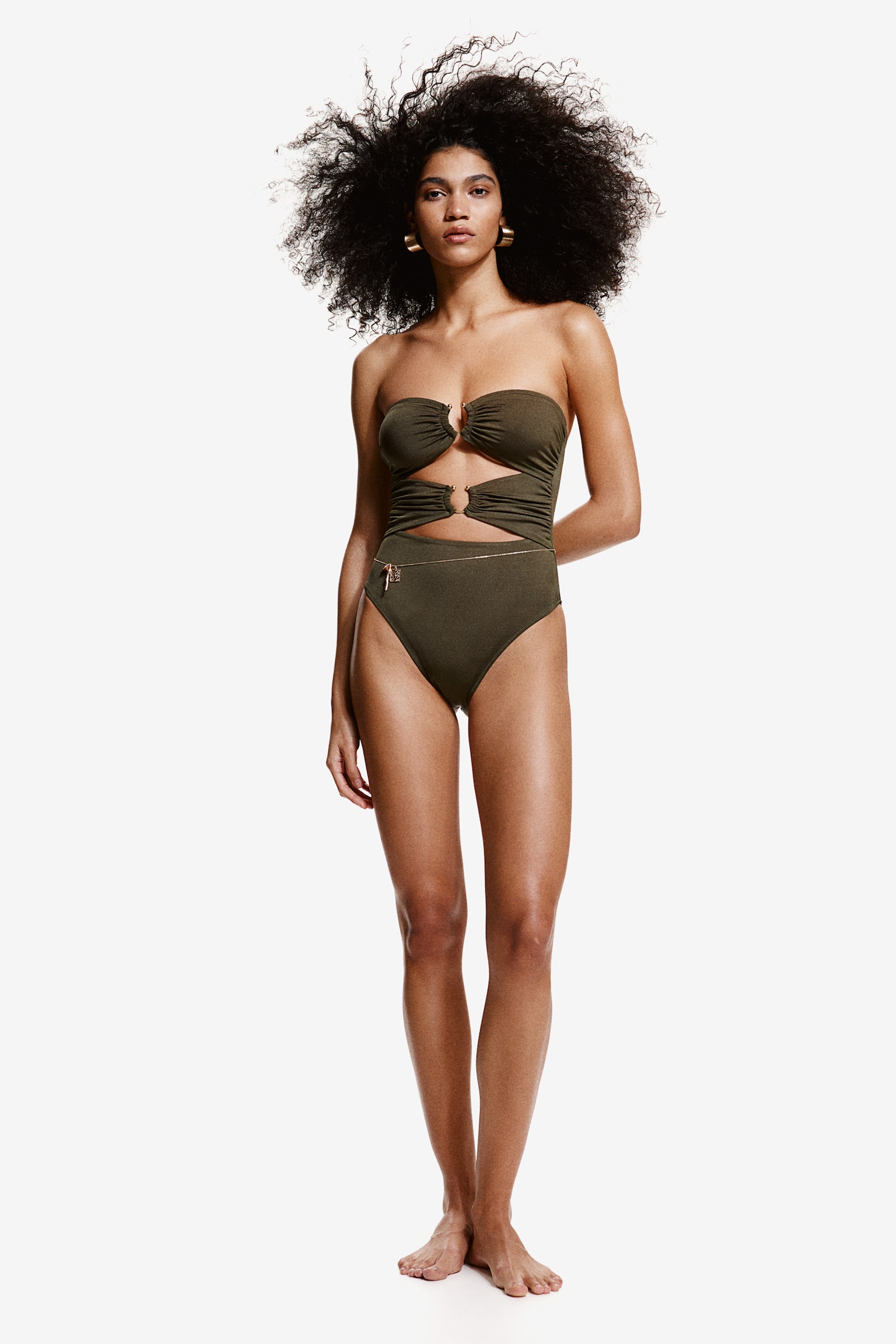 Padded Cup High Leg Bandeau Swimsuit - Dark khaki green - 5