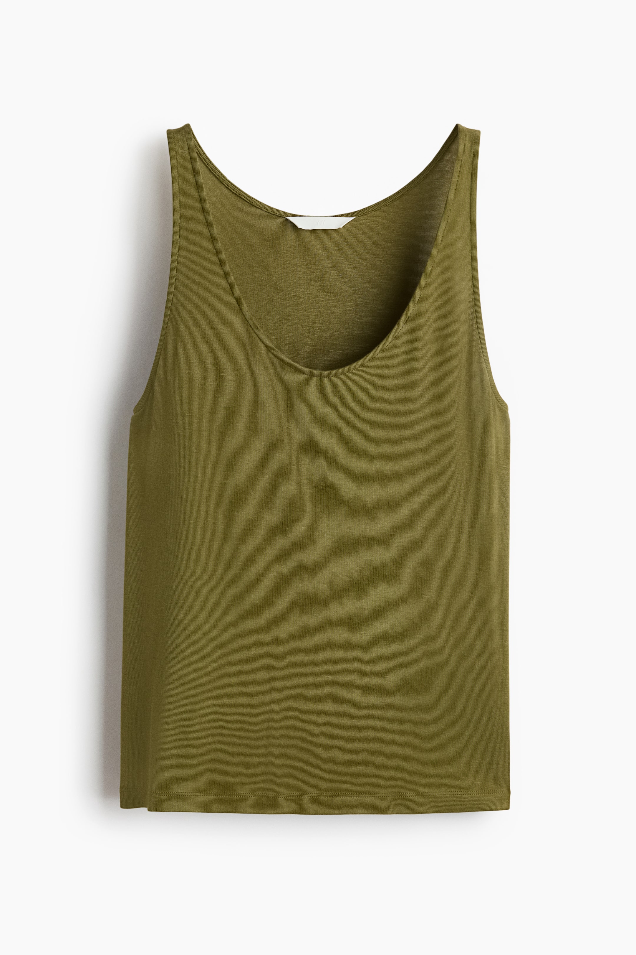View larger image: An olive green tank top showcases its front, with a scoop neckline and broad shoulder straps. A white label is visible at the inner back of the neck.