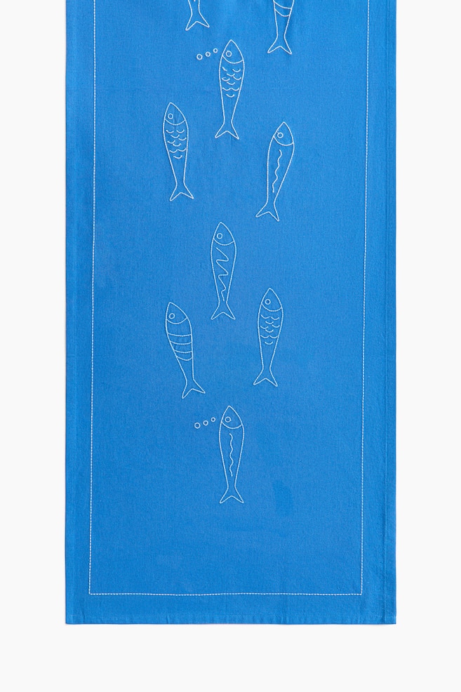 Tafelloper van linnenmix met borduursel - Blauw/vissen/Wit/krabben - 1