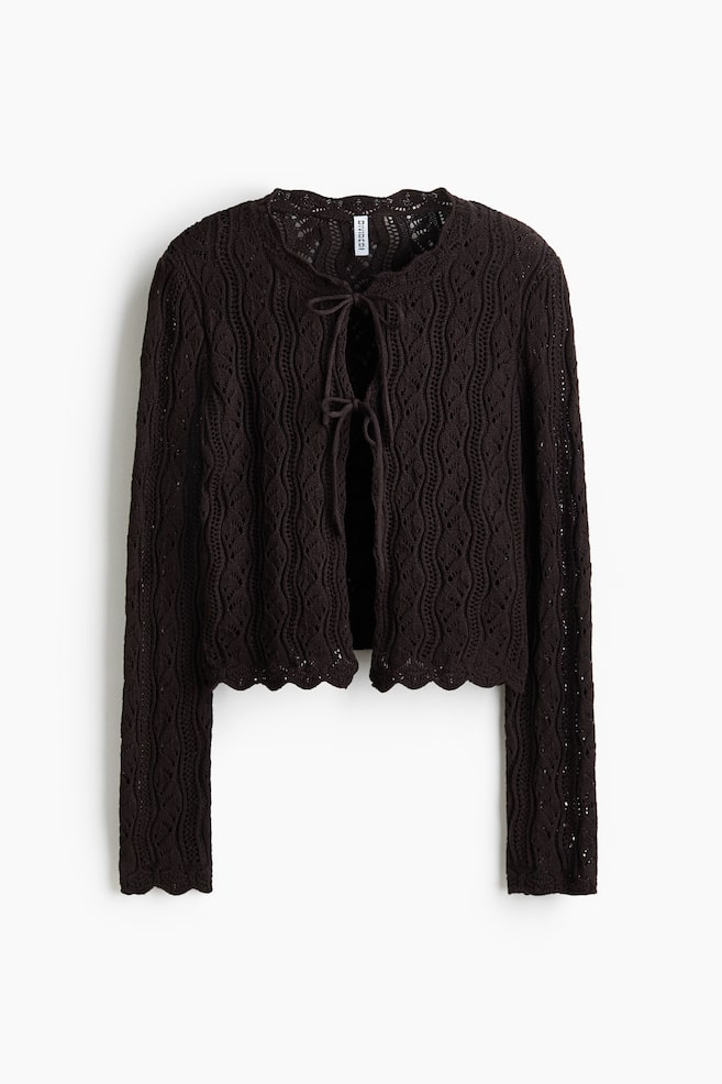 Pointelle-knit tie-front cardigan - Dark brown - 1