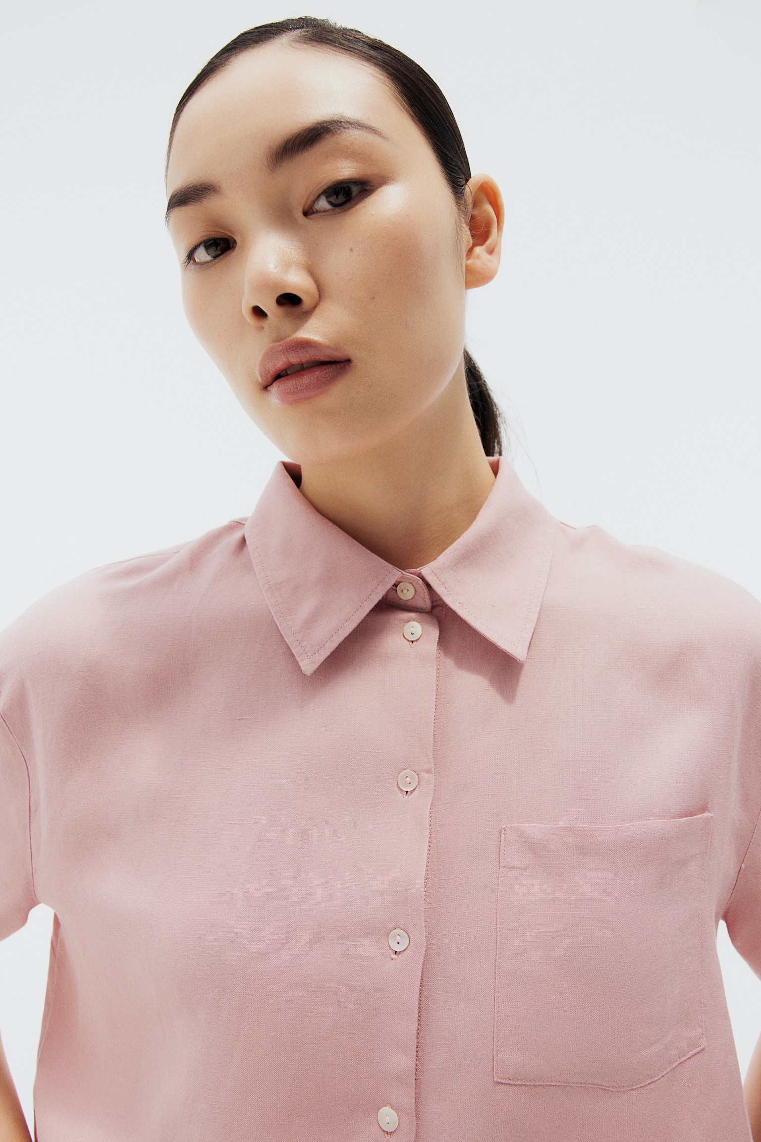 Linen-blend shirt - Dusty pink/Beige/White - 1