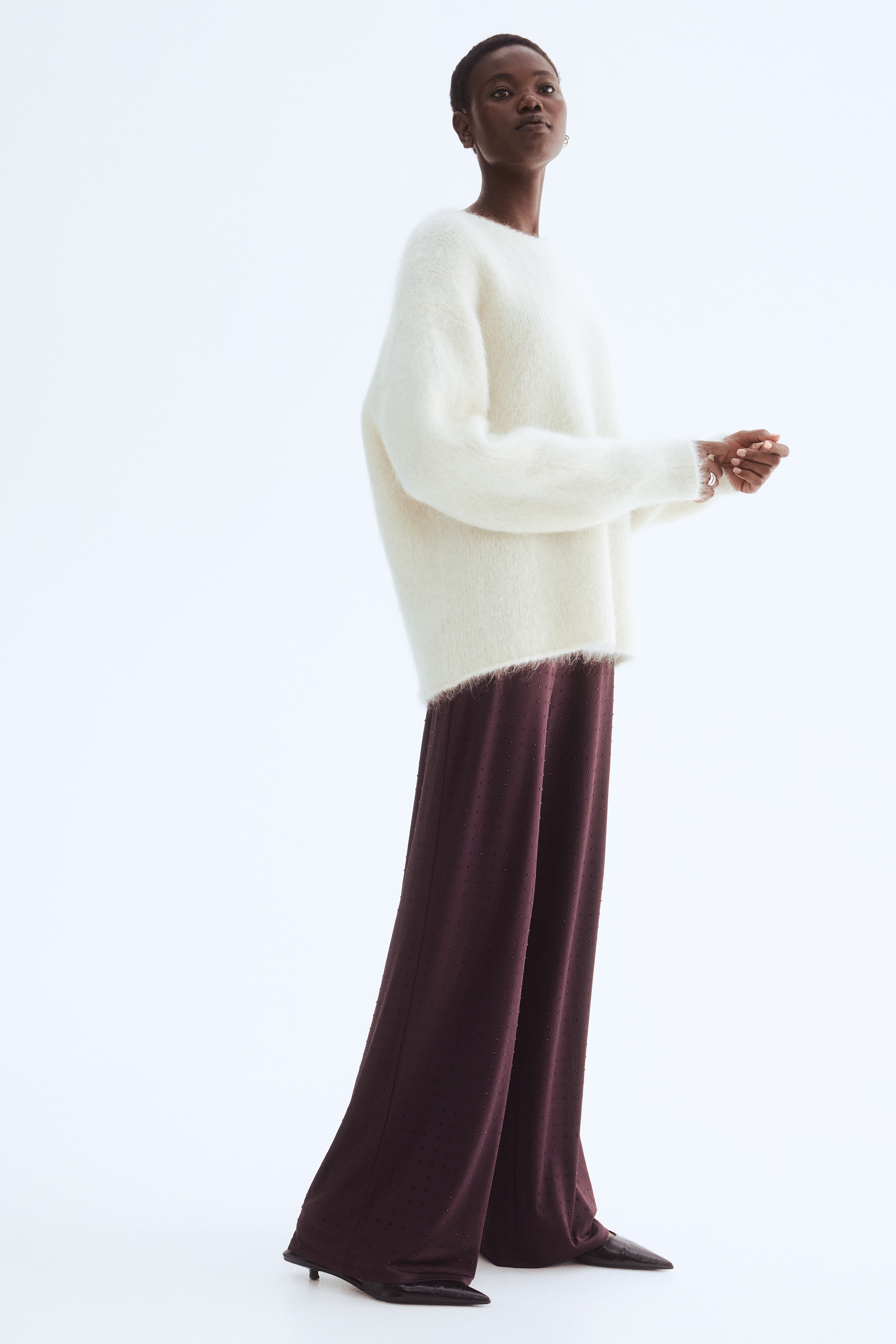 Ladies - Burgundy Rhinestone-embellished jersey trousers - Size: L  - H&M