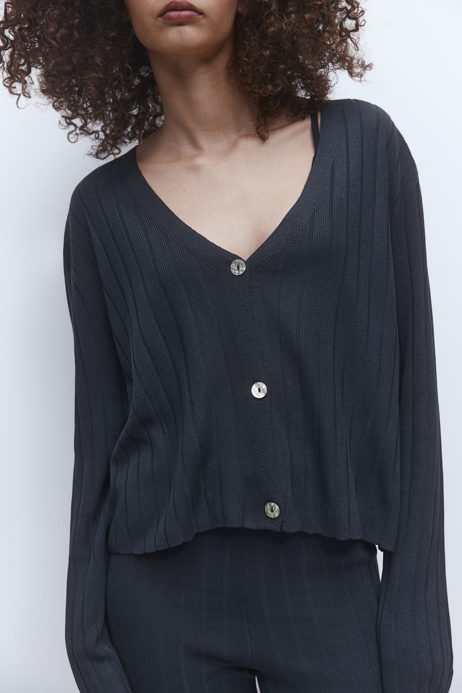 Rib Knit Cardigan - Black/Light beige - 5