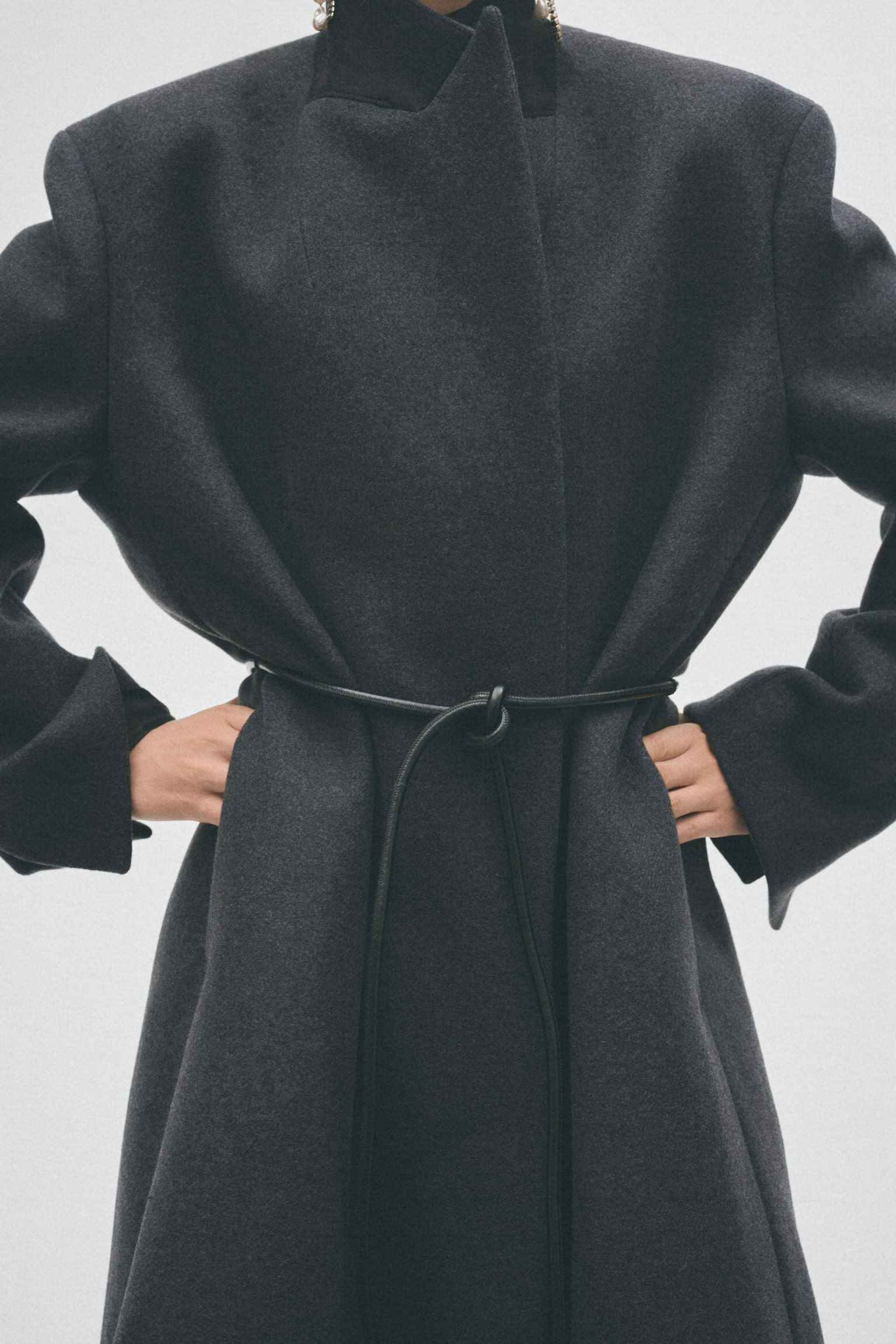 Женское пальто H&M Tie-Belt Wool-Blend, цвет: Тёмный серый меланжевый — фото 3