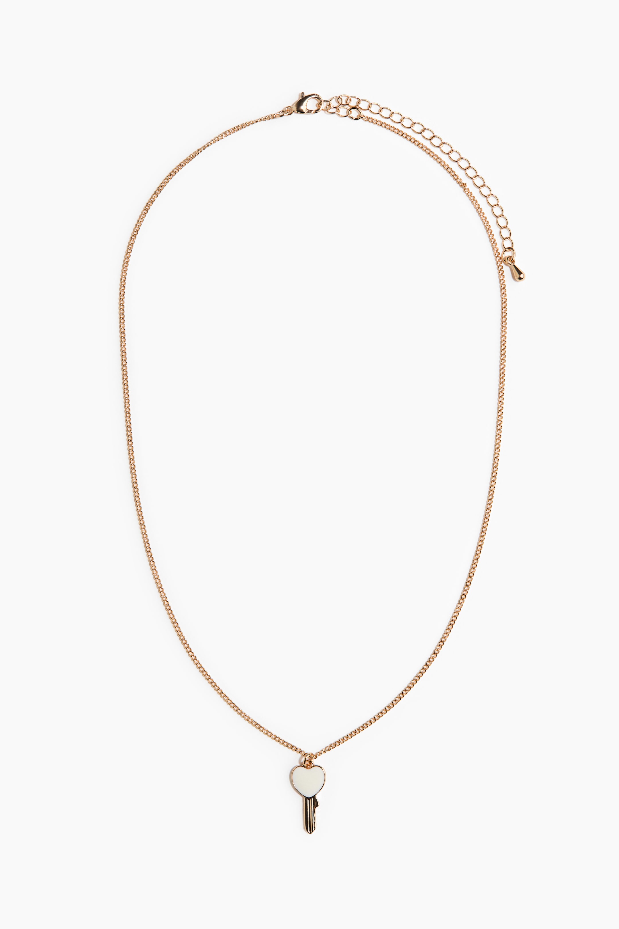 View larger image: The necklace showcases a metal chain with a heart-shaped key pendant, accentuated by a white inlay within the heart. It features an adjustable length and is fastened with a trigger clasp, presented flat and facing forward.