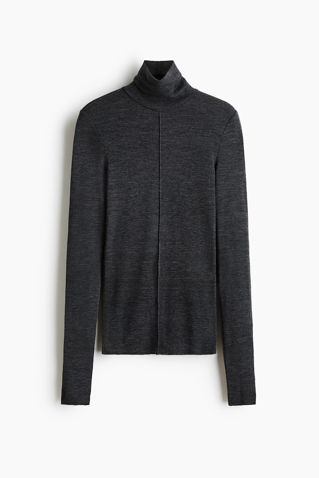 Merino Wool Turtleneck Top - Dark gray melange/Black - 1