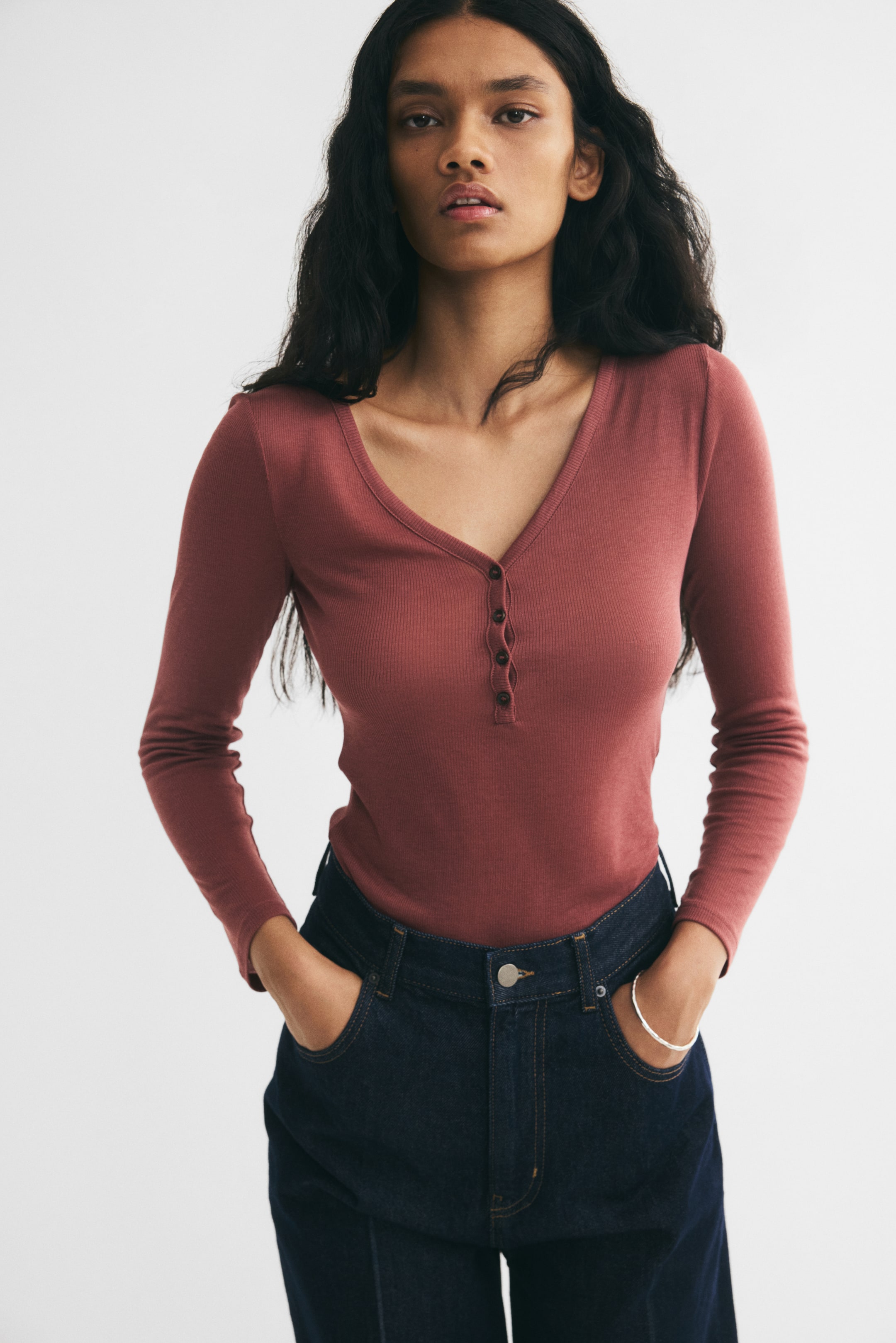 View larger image: Long-sleeved rib-knit top - Dark red - Ladies | H&M IN 1