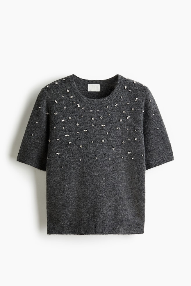 Rhinestone-embellished fine-knit top - Dark grey marl/Dark khaki green/White - 1