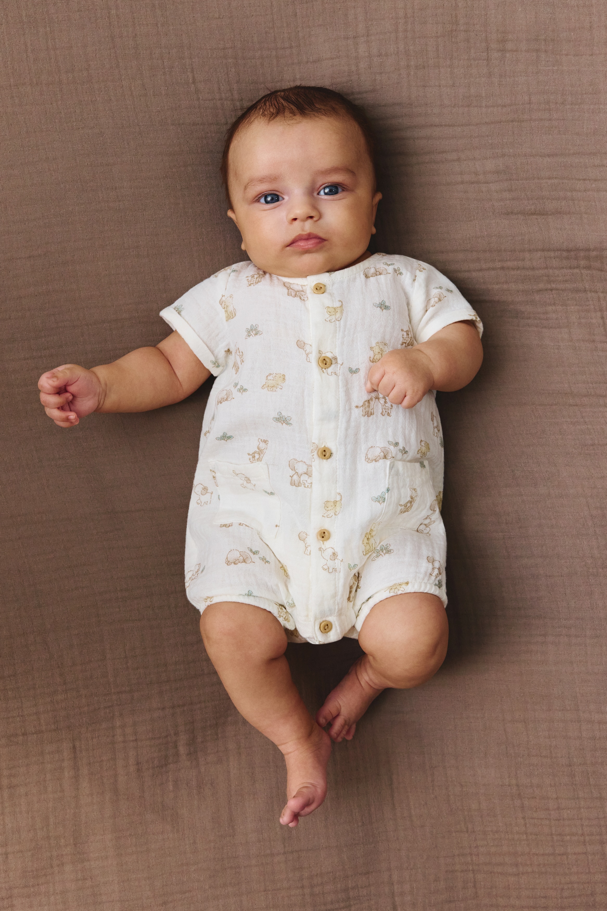 Cotton Muslin Romper Suit - White/animals/Light turquoise/Light khaki green