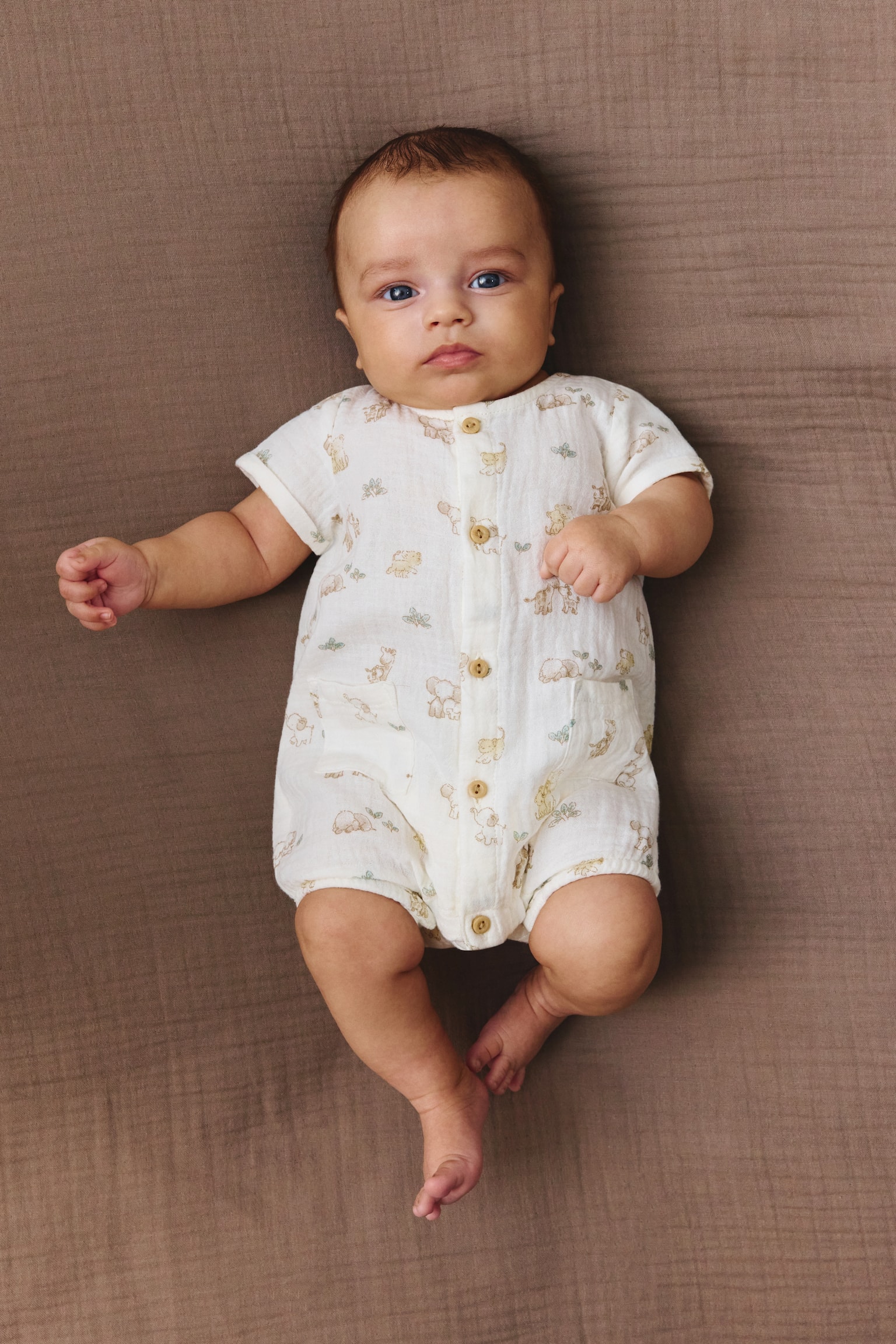 Cotton muslin romper suit - White/Animals/Cream/Light turquoise - 1