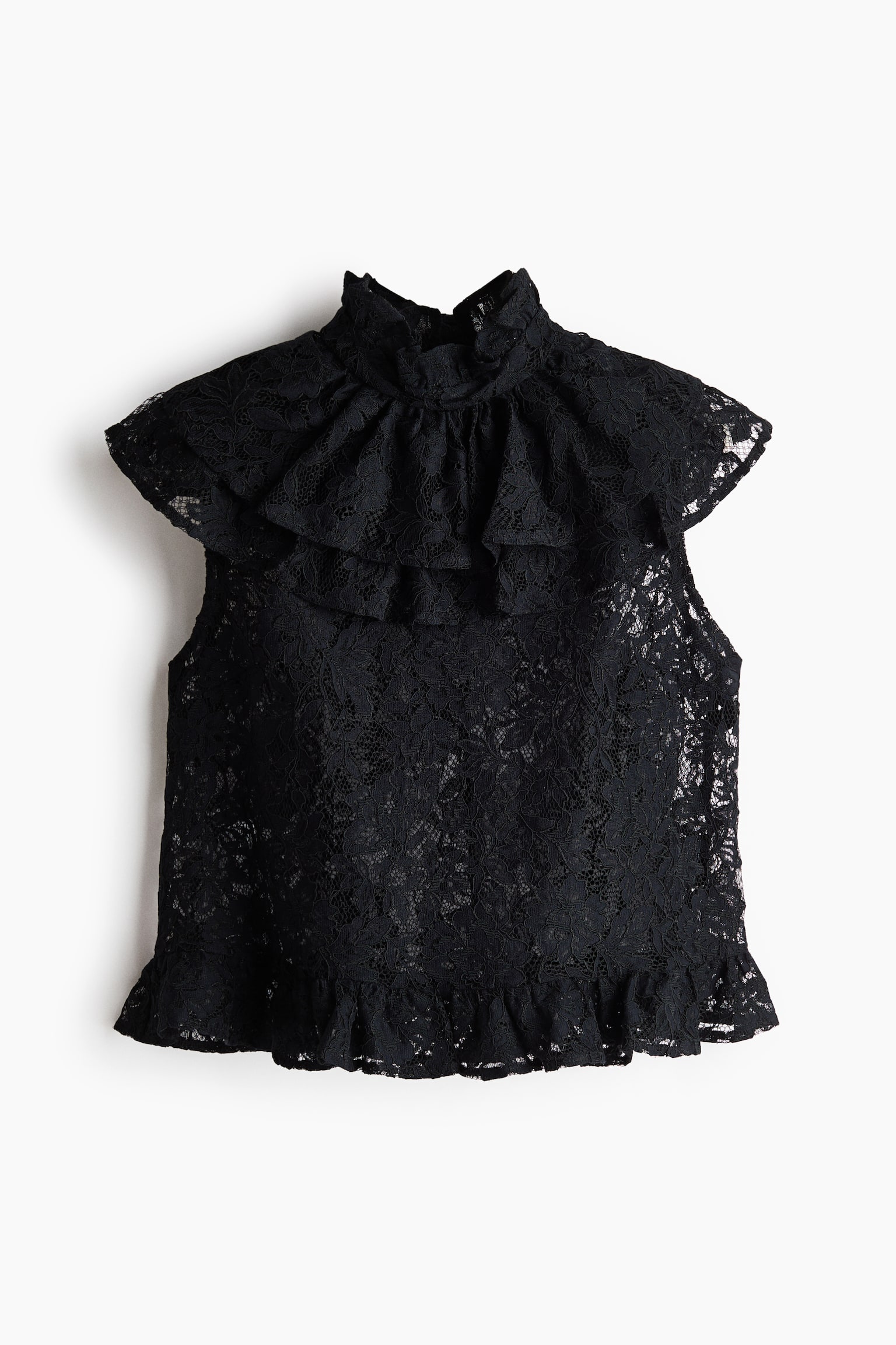 Ruffle-Trimmed Lace Top - Black - 1