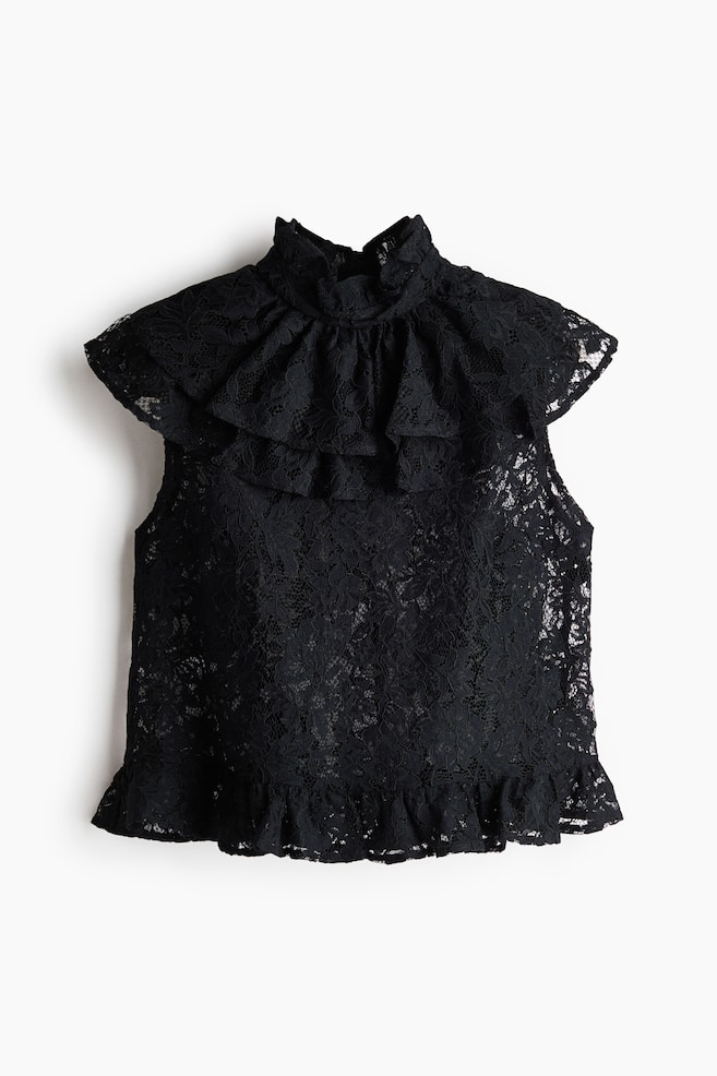 Frill-trimmed lace top - Black - 1