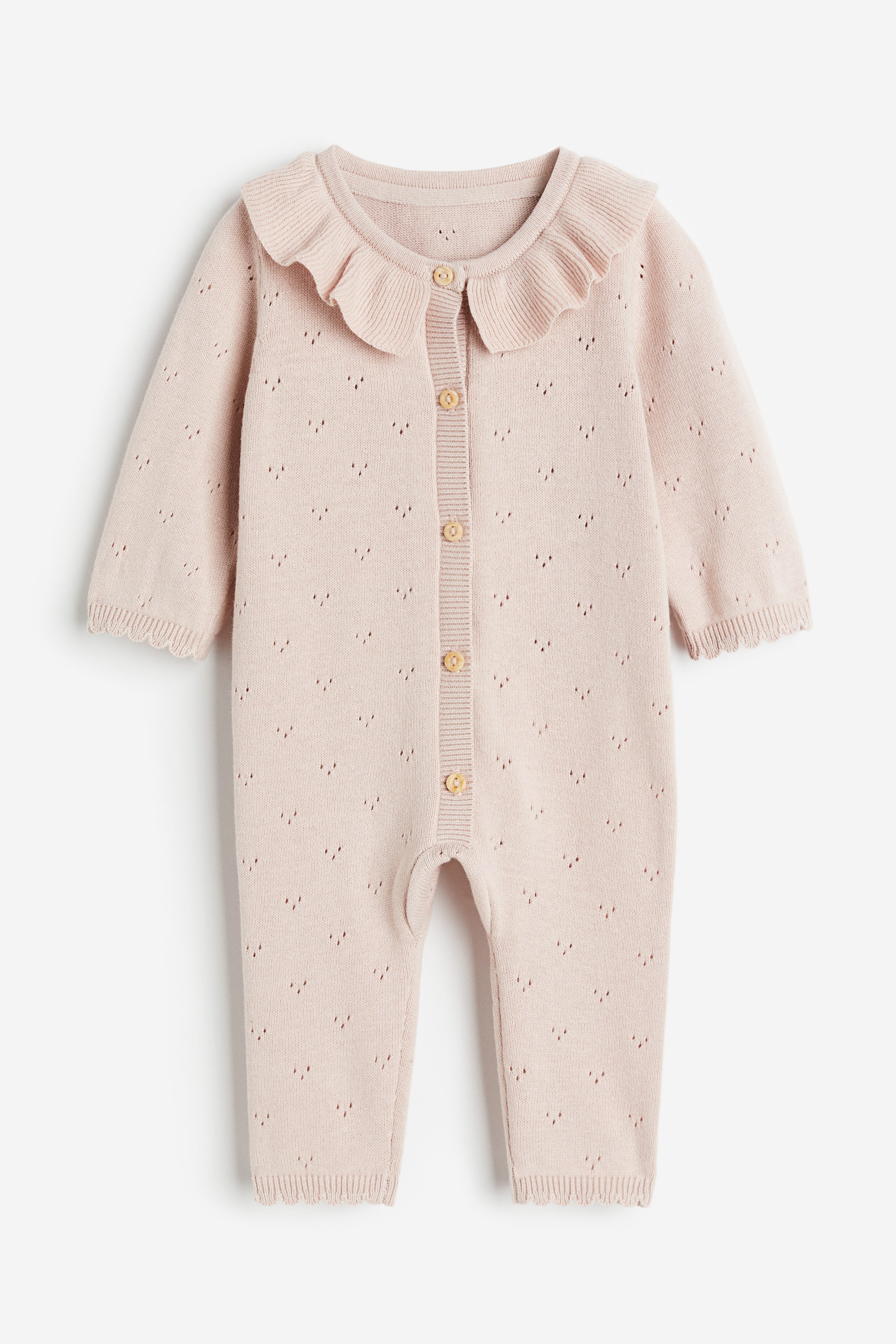 Knitted cotton romper suit - Round neck - Long sleeve - Powder pink ...