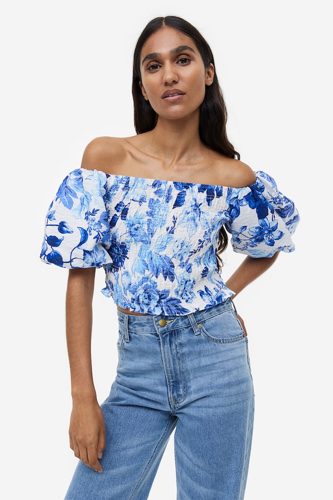Smocked off-the-shoulder top - White/Blue floral/White/Light yellow/Floral - 4