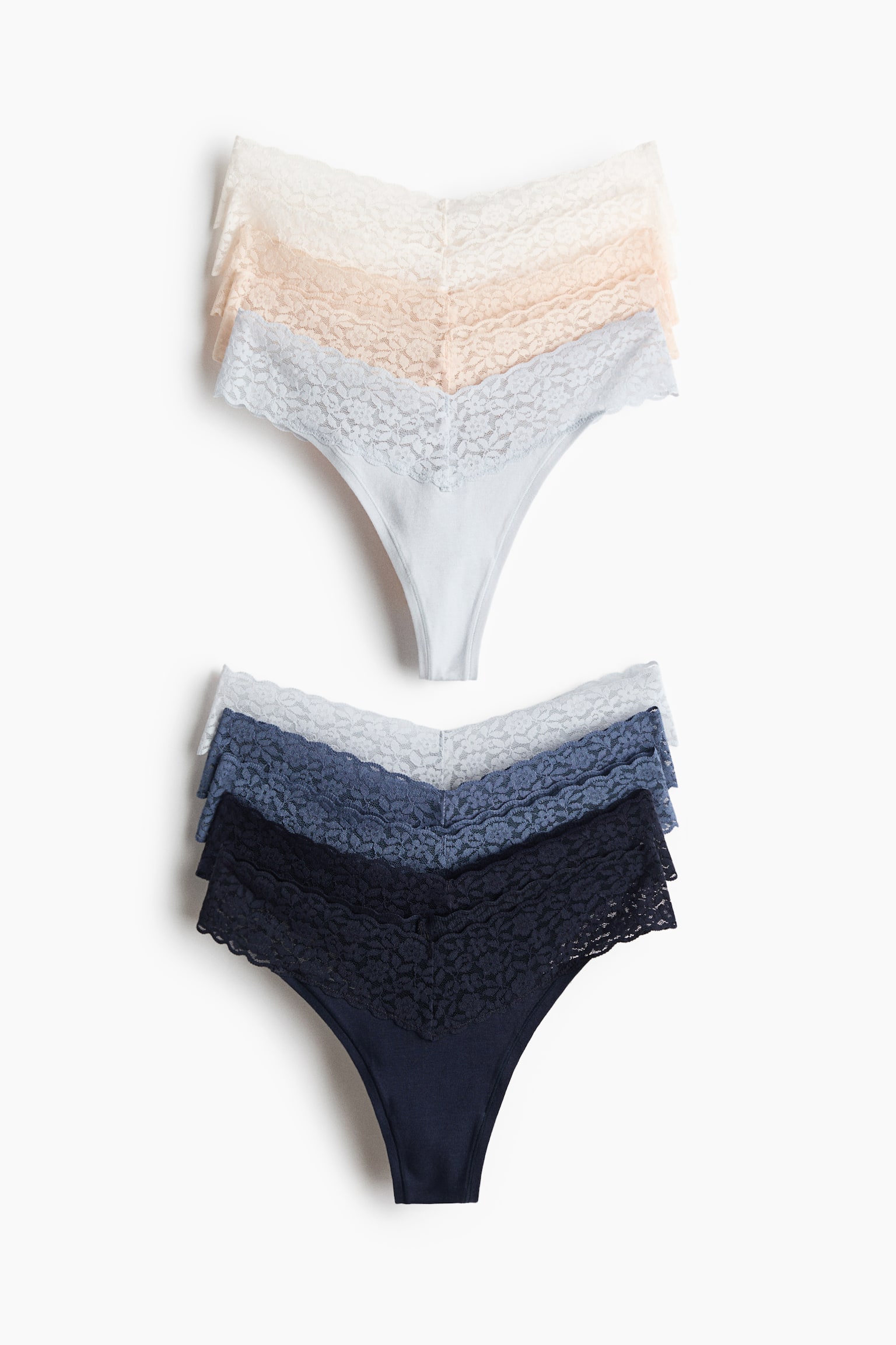 Pack de 10 bragas Thong de encaje - Azul marino/Beige claro/Burdeos/Rosa empolvado/Negro/Azul claro/Blanco/Negro/Gris oscuro/Rosa claro/Gris oscuro/Verde grisáceo/Blanco/Rosa/Marrón oscuro/Azul empolvado/Blanco/Gris claro jaspeado/Negro