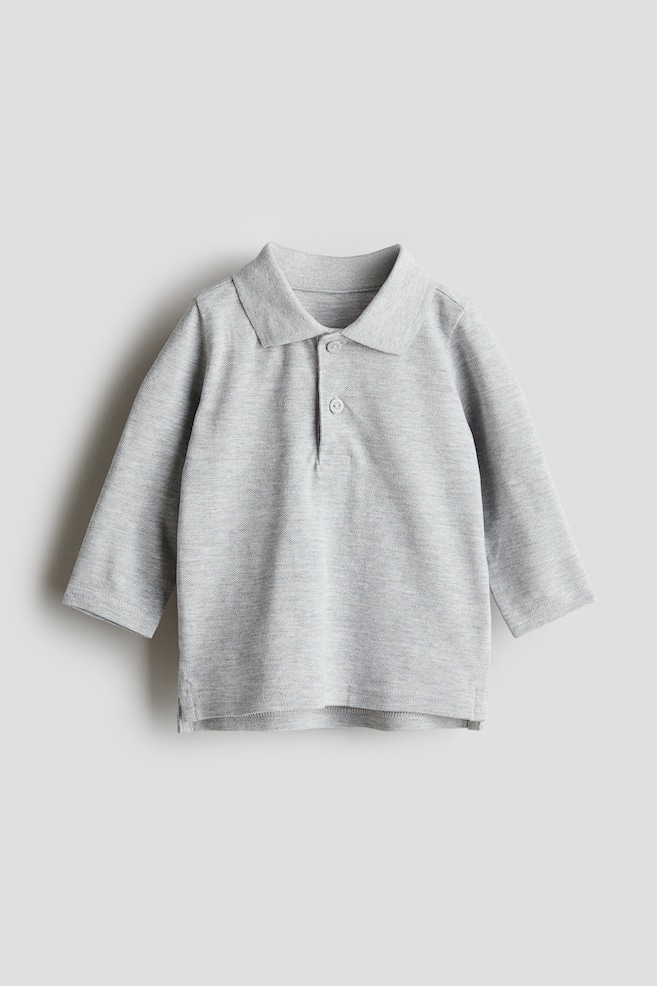 Long-Sleeved Piqué Polo Shirt - Gray melange/Navy blue - 1