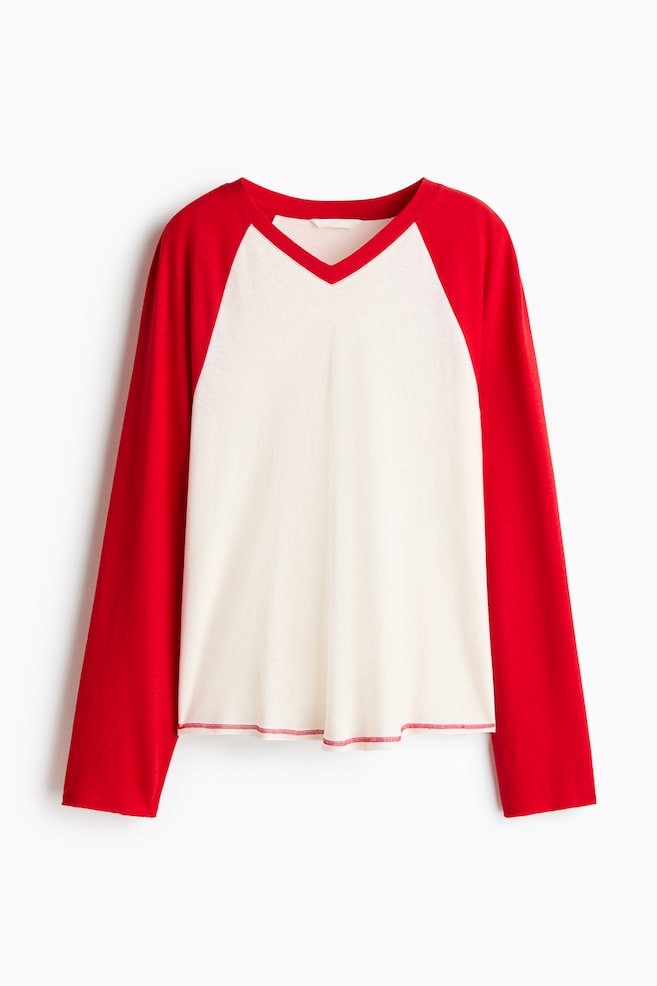Maglia a maniche lunghe in misto lino - Rosso acceso/color block/Rosa polvere/color block - 1