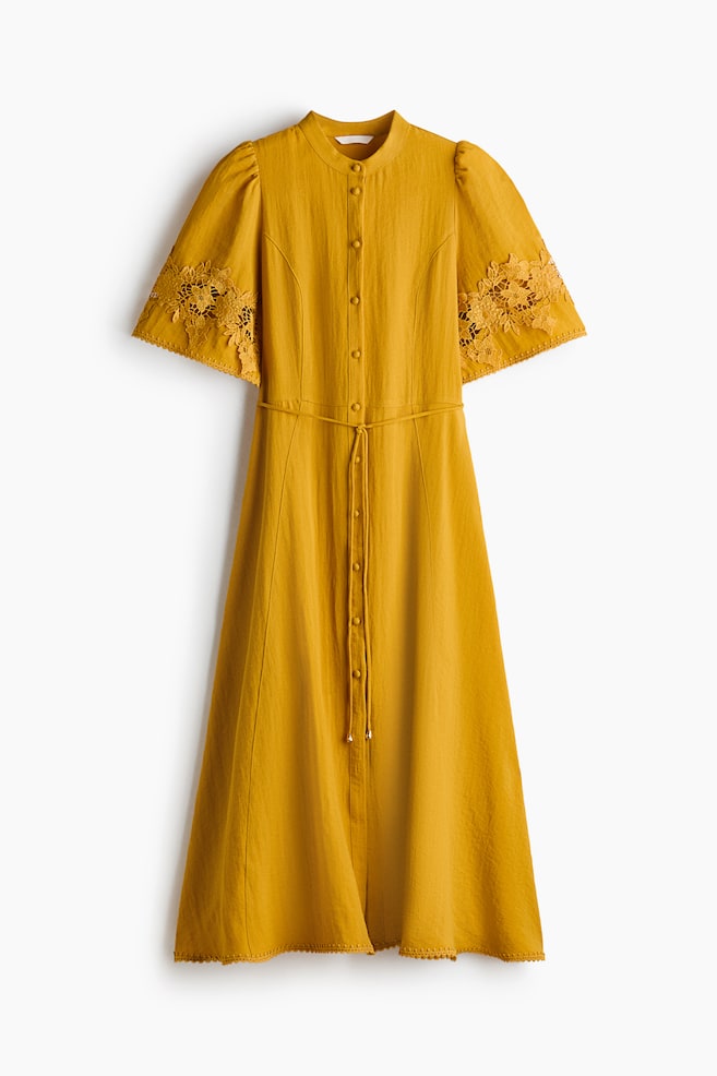 Robe froissée avec broderie anglaise - Jaune foncé/Noir - 1
