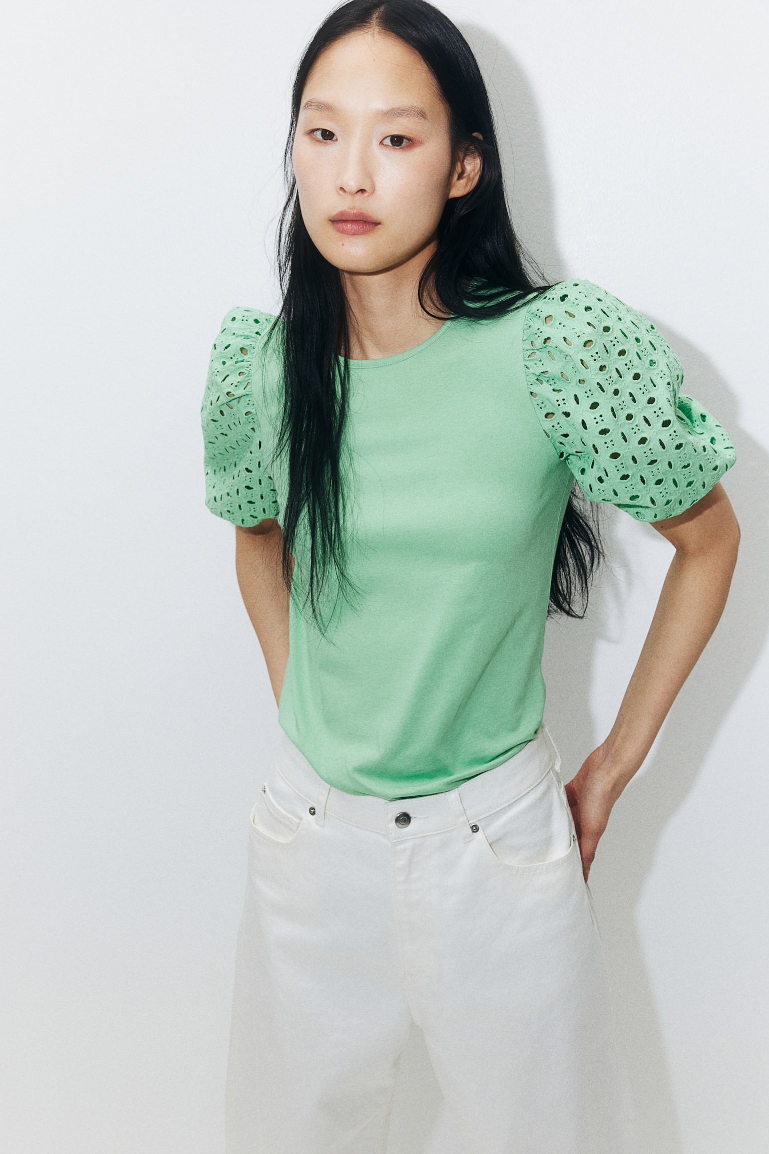 Puff-sleeved top - Mint green/Light beige/Striped/White/Navy blue/Light pink/Black/Cerise/Light blue/White - 3