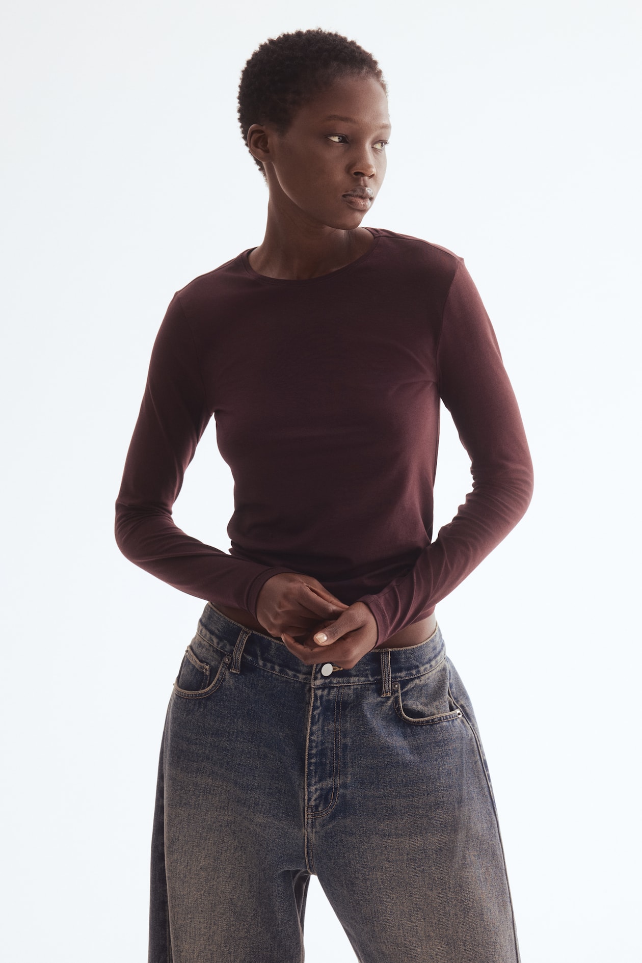 Fitted cotton top - Burgundy - Ladies | H&M GB