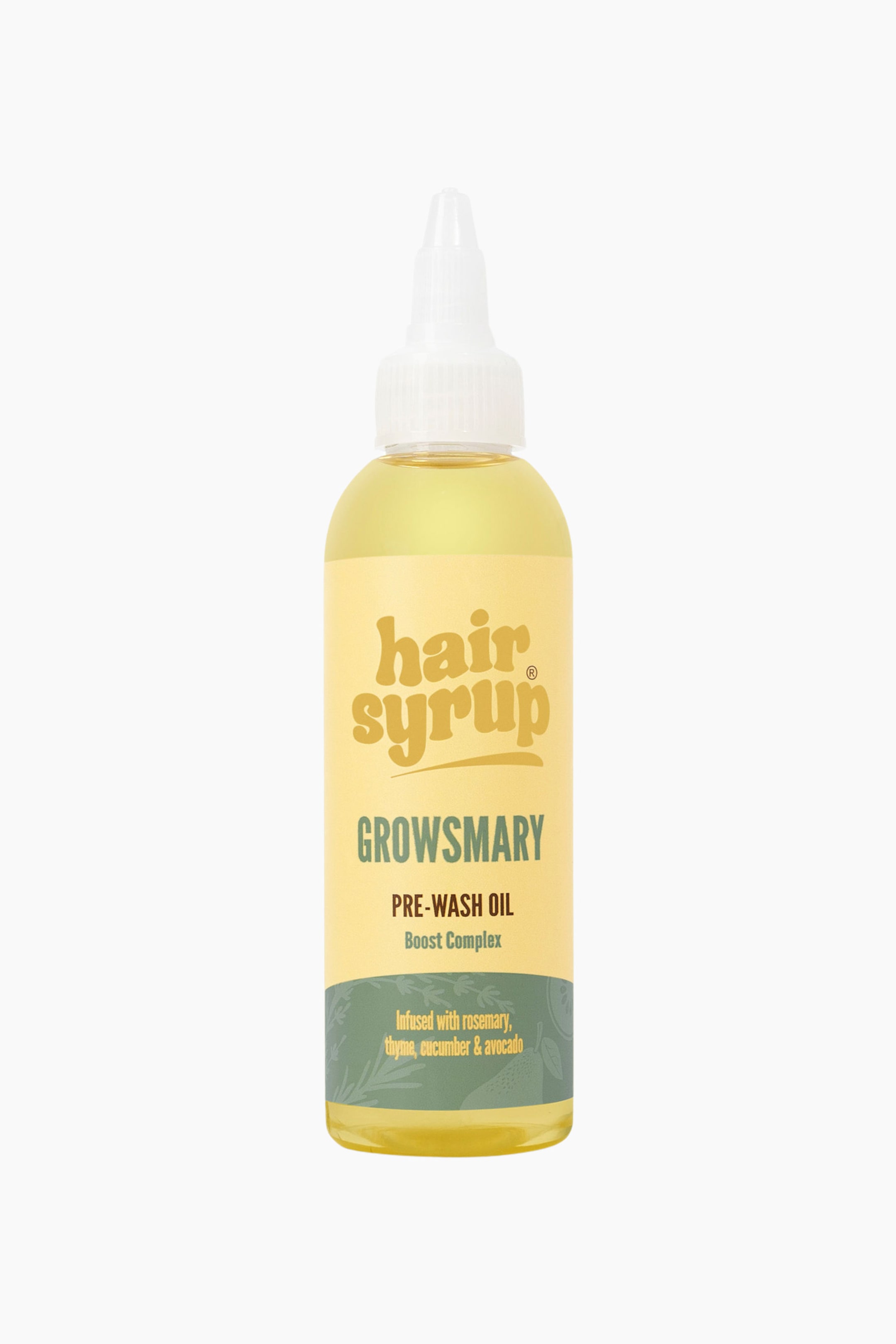 Visa större bild: En flaska Growsmary Pre-Wash Oil står upprätt och vänd framåt och visar en genomskinlig behållare fylld med en gyllengul vätska. Flaskan har en vit, halvgenomskinlig applikatornosskål och en etikett med en gul övre sektion och ett salviagrönt nedre band som visar produktdetaljer.