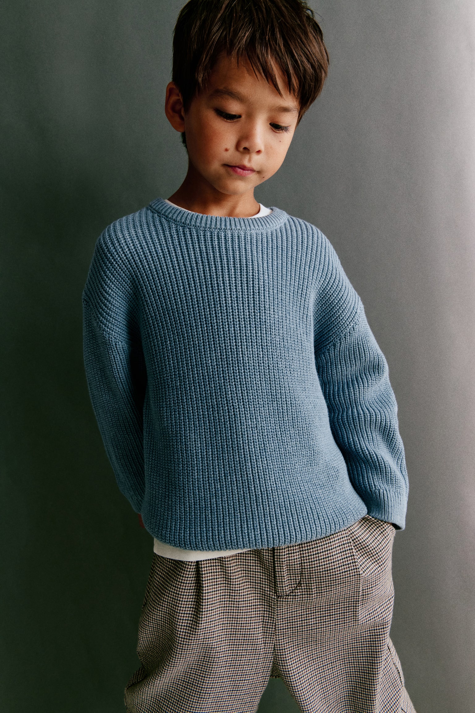 Patent-knit cotton jumper - Light dusty blue/Brown/Light blue - 1
