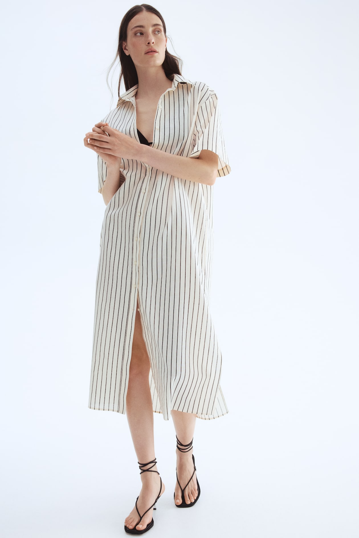 Women's Cream/striped Linen-Blend Shirt Dress | H&M US