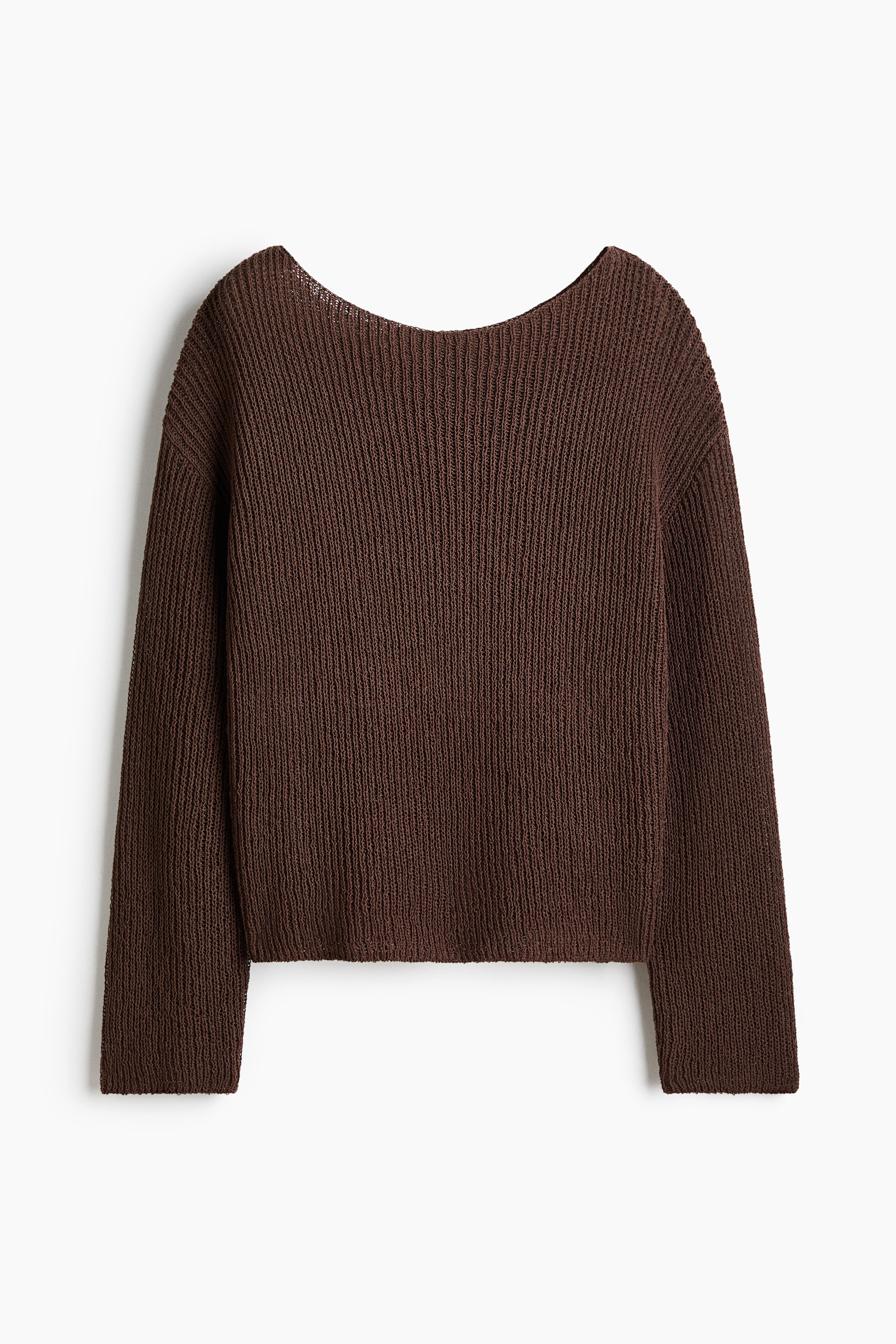 View larger image: A brown ribbed knit sweater is displayed from the back, featuring a wide, shallow scoop neckline and long sleeves with a straight hem.