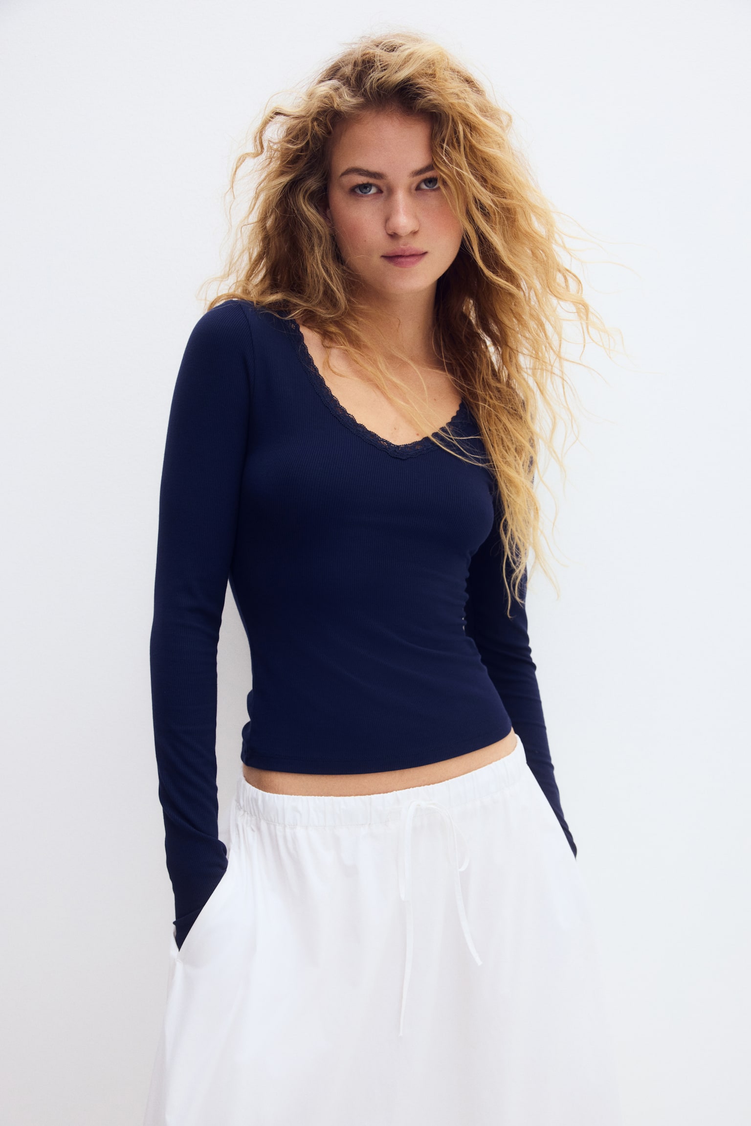 Lace-trimmed jersey top - Dark blue/Cream - 2