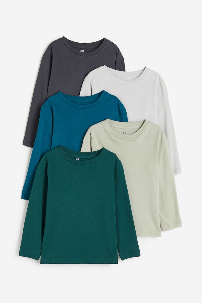 5-pack long-sleeved T-shirts - Dark green/Light green/Bright blue/Grey/Dark blue/Turquoise/Yellow/Bright blue/Blue - 1