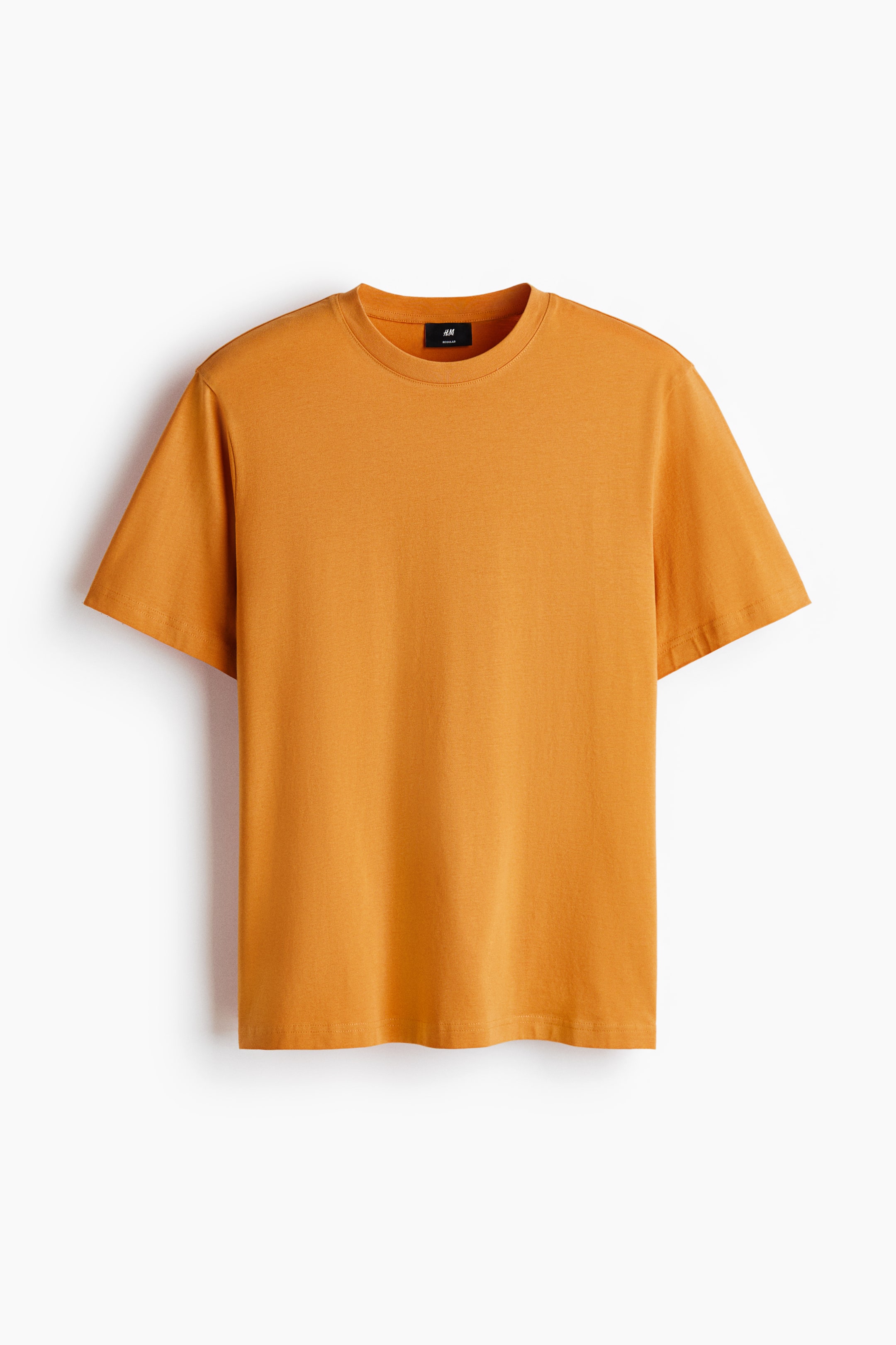 View larger image: An amber T-shirt is shown from the front. It features a round, rib-trimmed neckline, short sleeves, a straight-cut hem, and a regular fit.