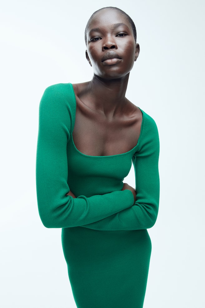 Square-neck bodycon dress - Green/Black - 1