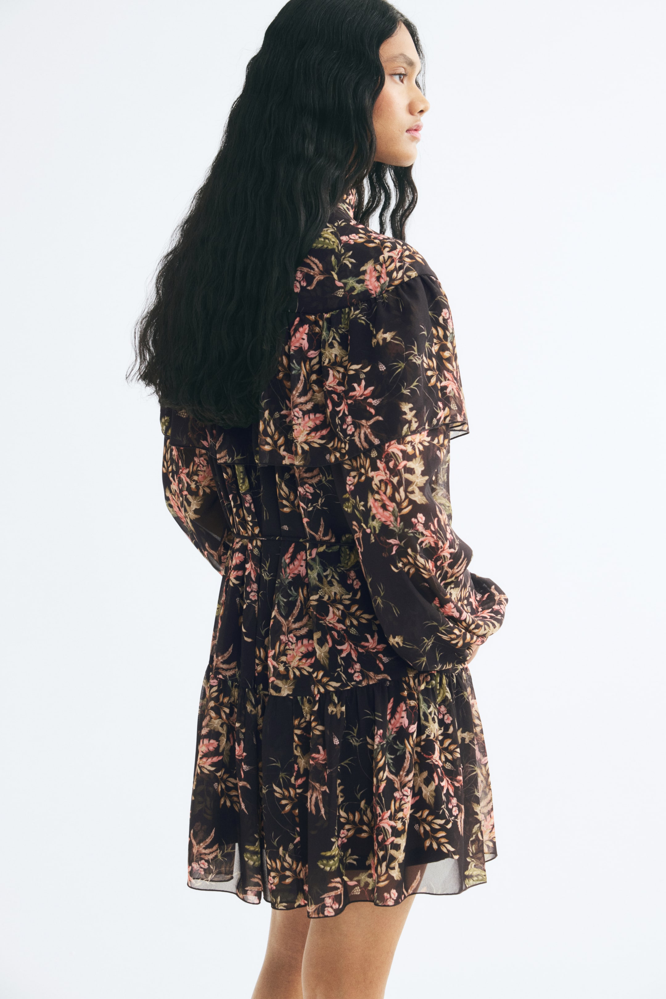 Ruffle-Trimmed Stand-Up Collar Dress