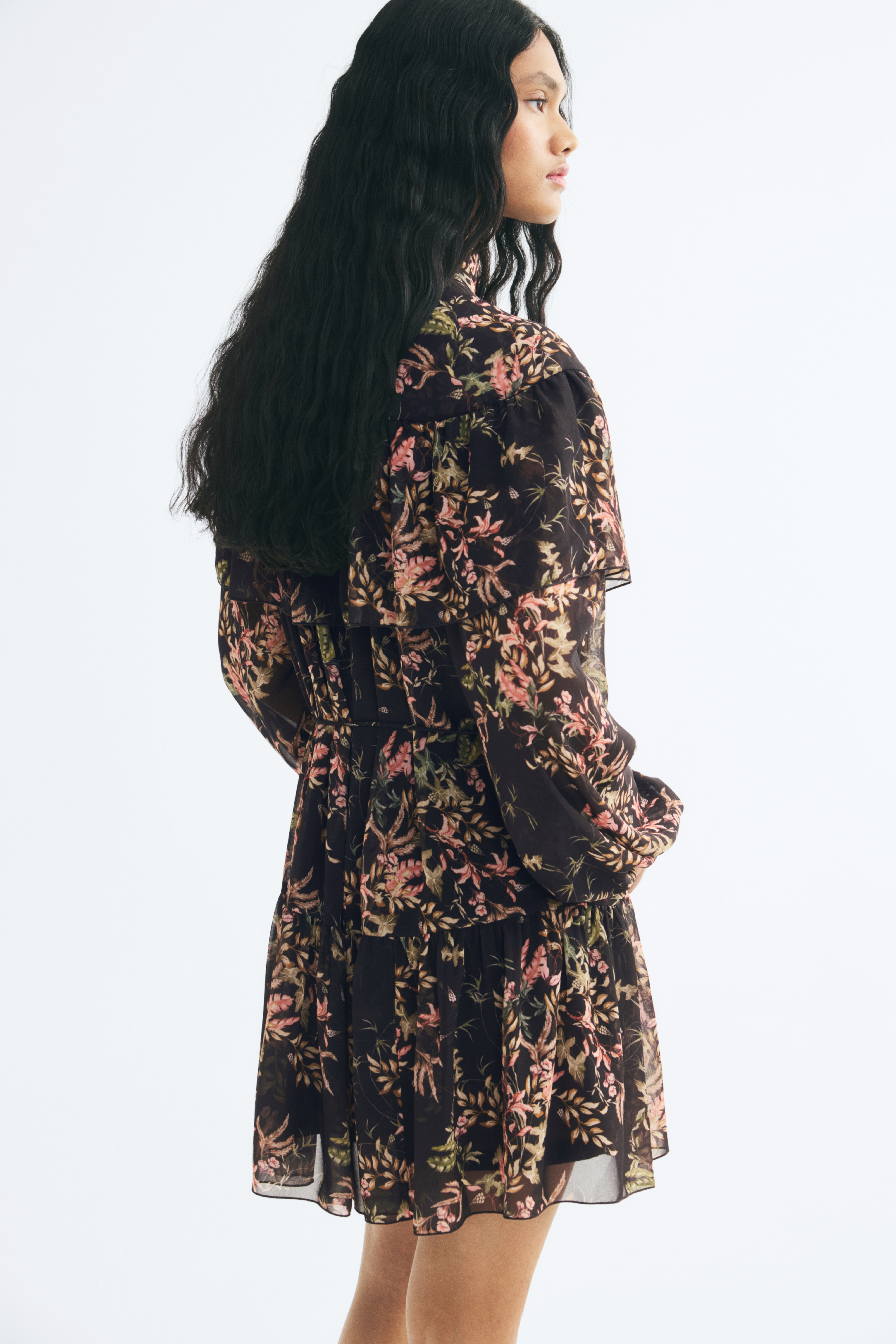 Ruffle-Trimmed Stand-Up Collar Dress