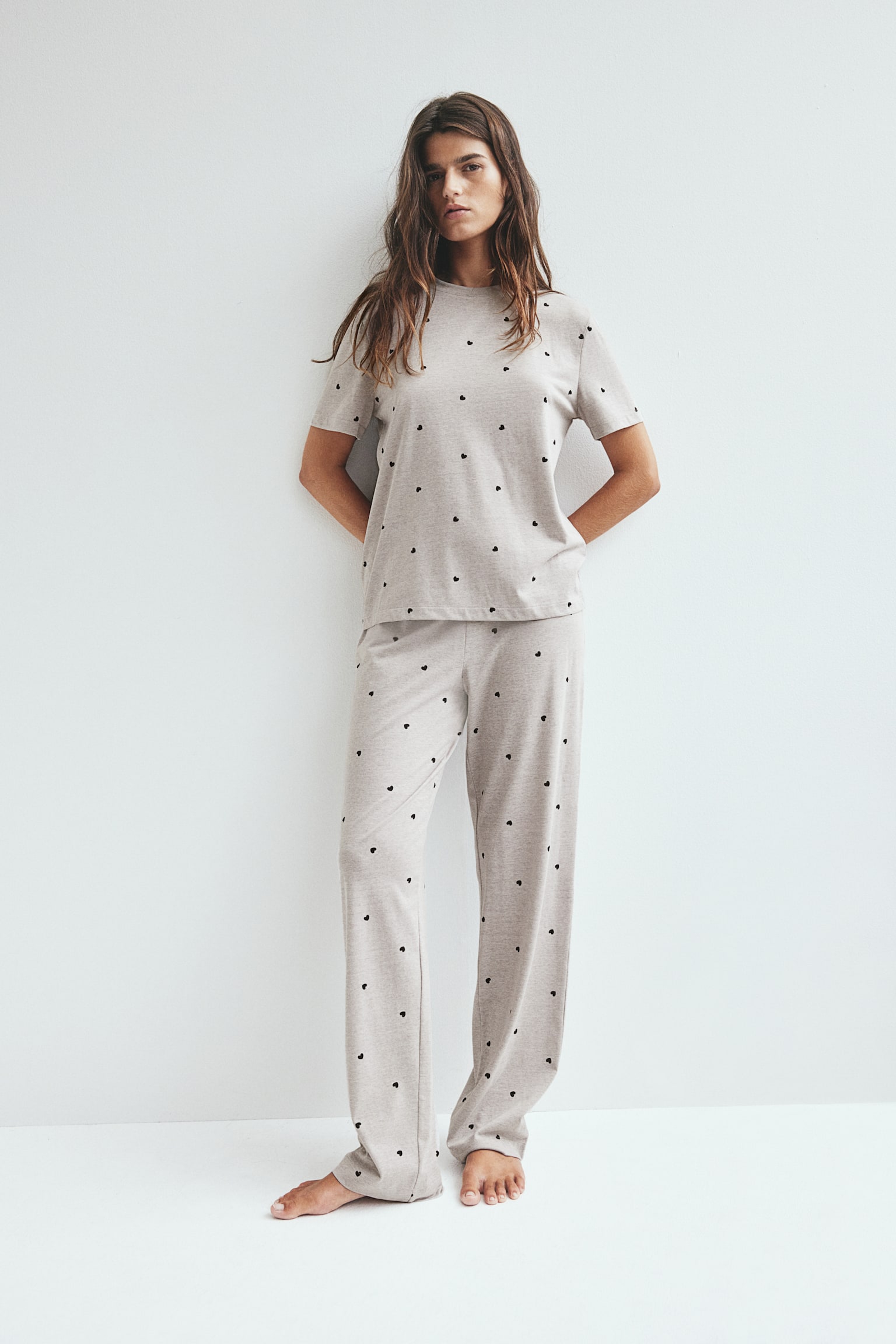 Pyjama top and bottoms - Light greige marl/Patterned/Grey-green/Black/Hearts/Light grey marl/Spotted - 3