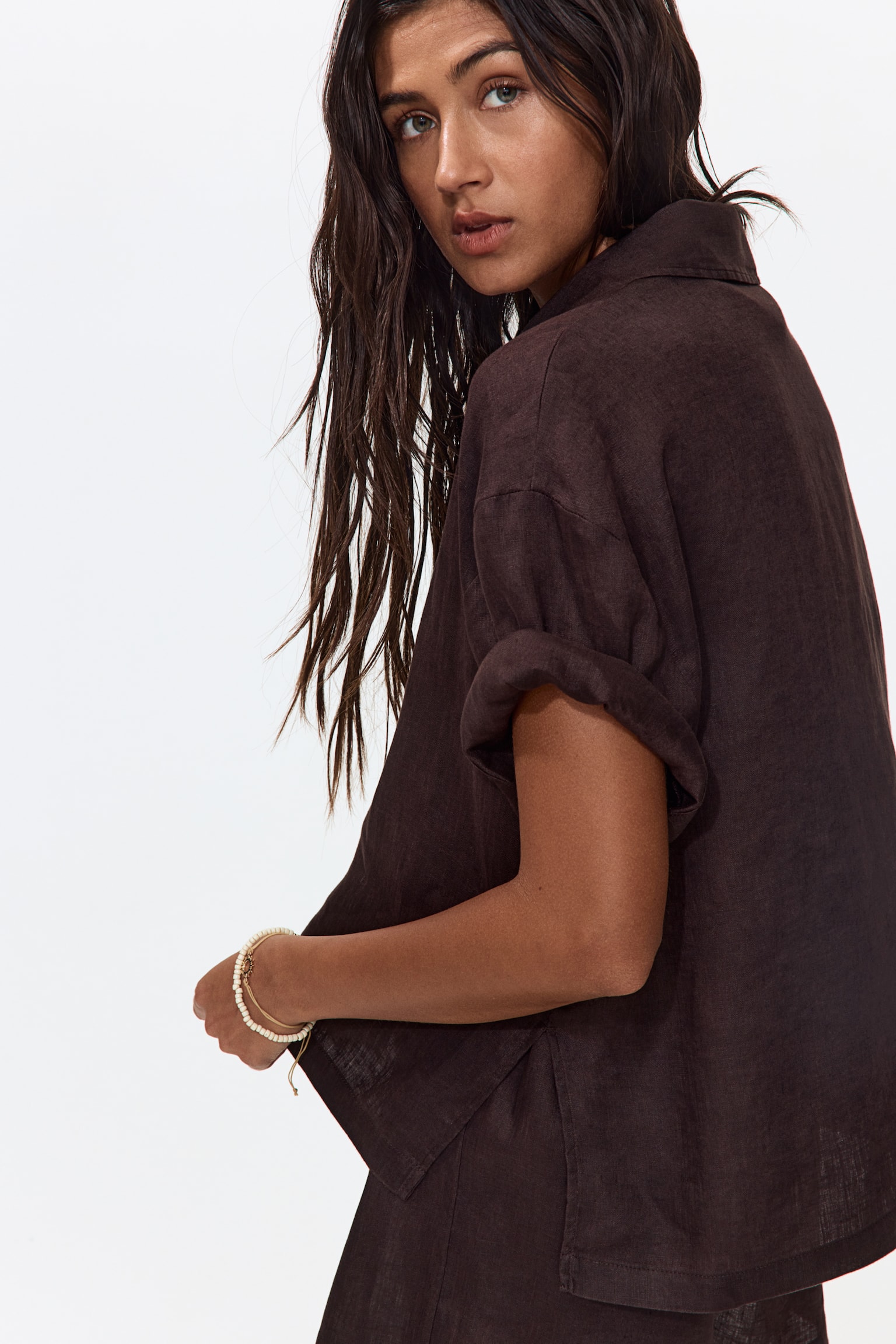 Linen beach shirt-Dark brown - 4