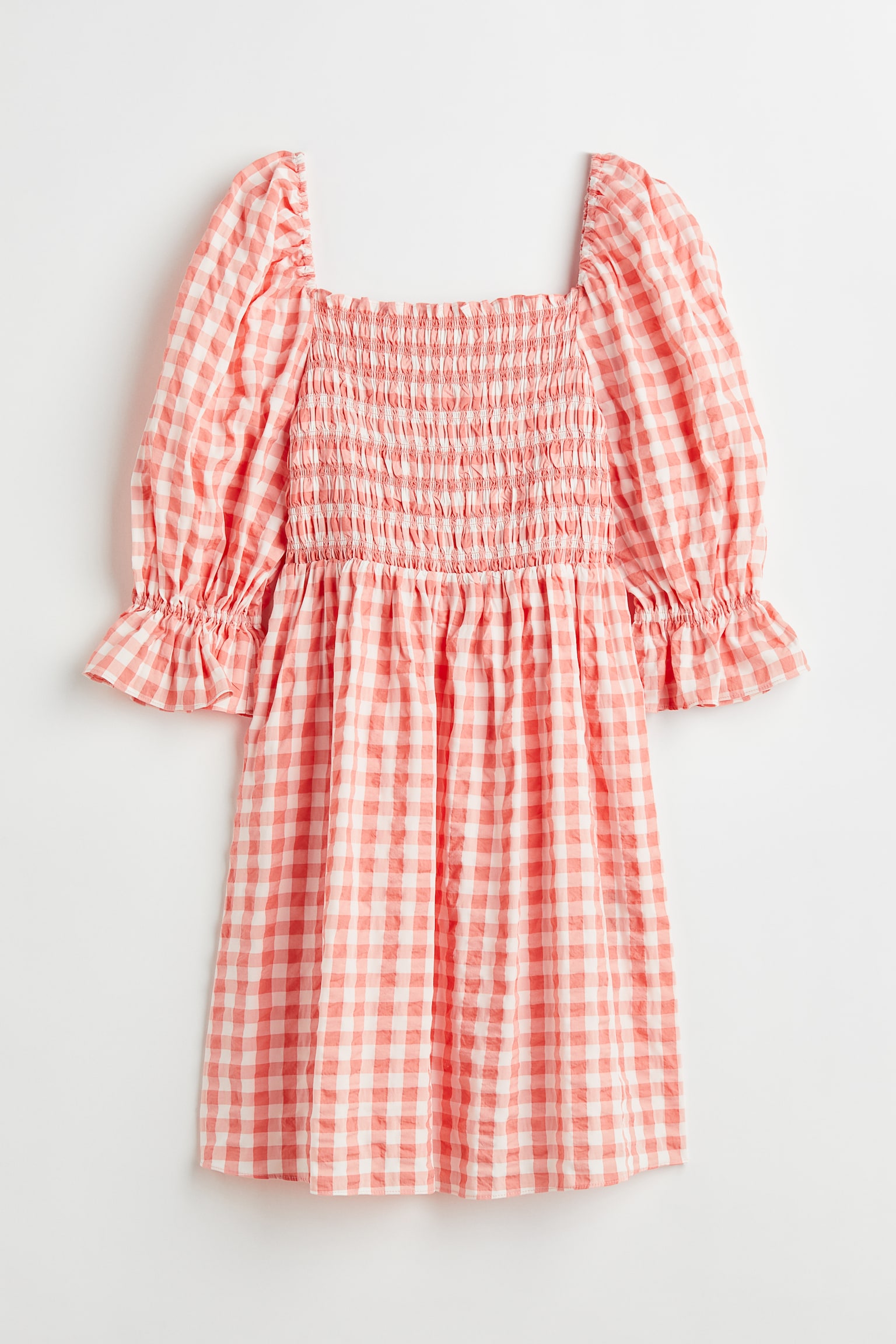 Puff Sleeve Seersucker Dress - Coral/Check/White - 1