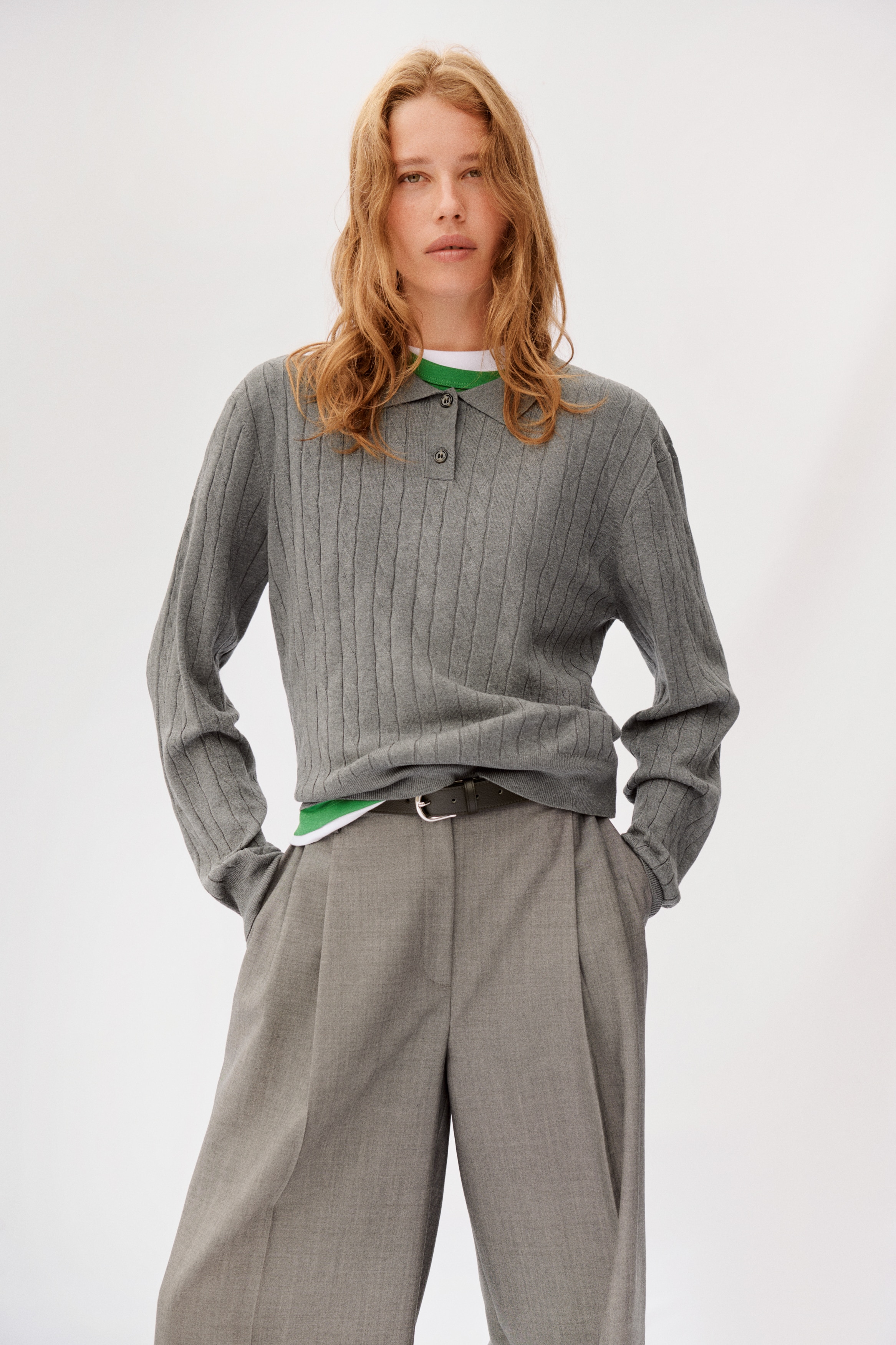 Cable-knit polo shirt