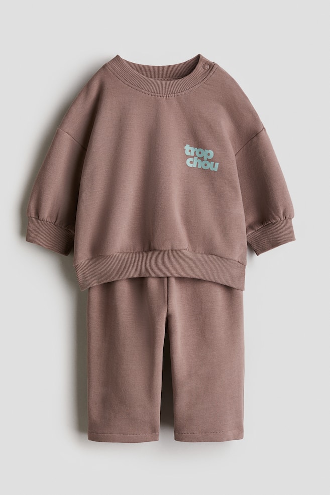 2-piece cotton sweatshirt set - Dark beige/Trop Chou/Beige marl/Trop Chou - 1