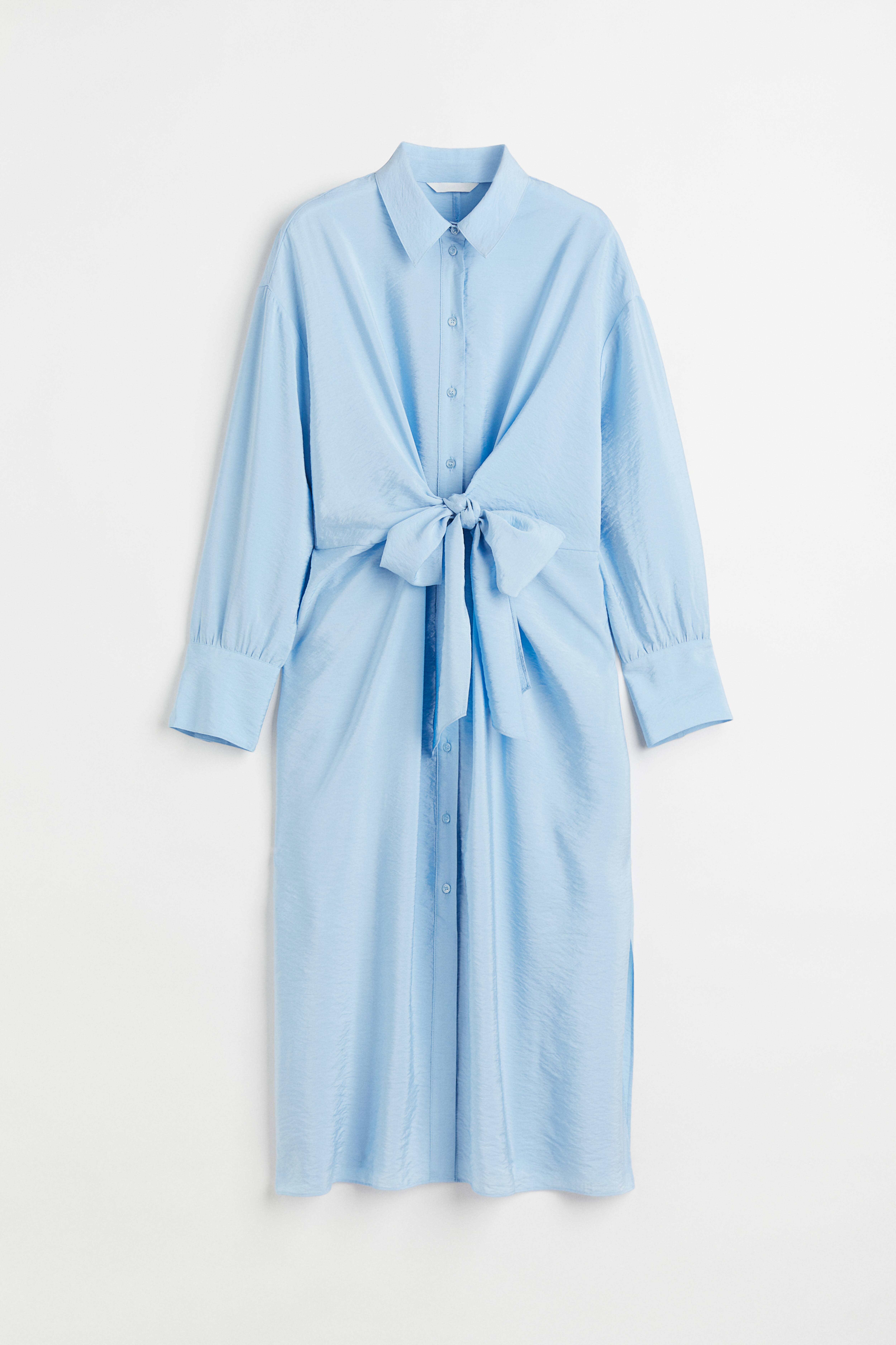 Tie-front Shirt Dress - Long sleeve - Midi - Light blue - Ladies | H&M US