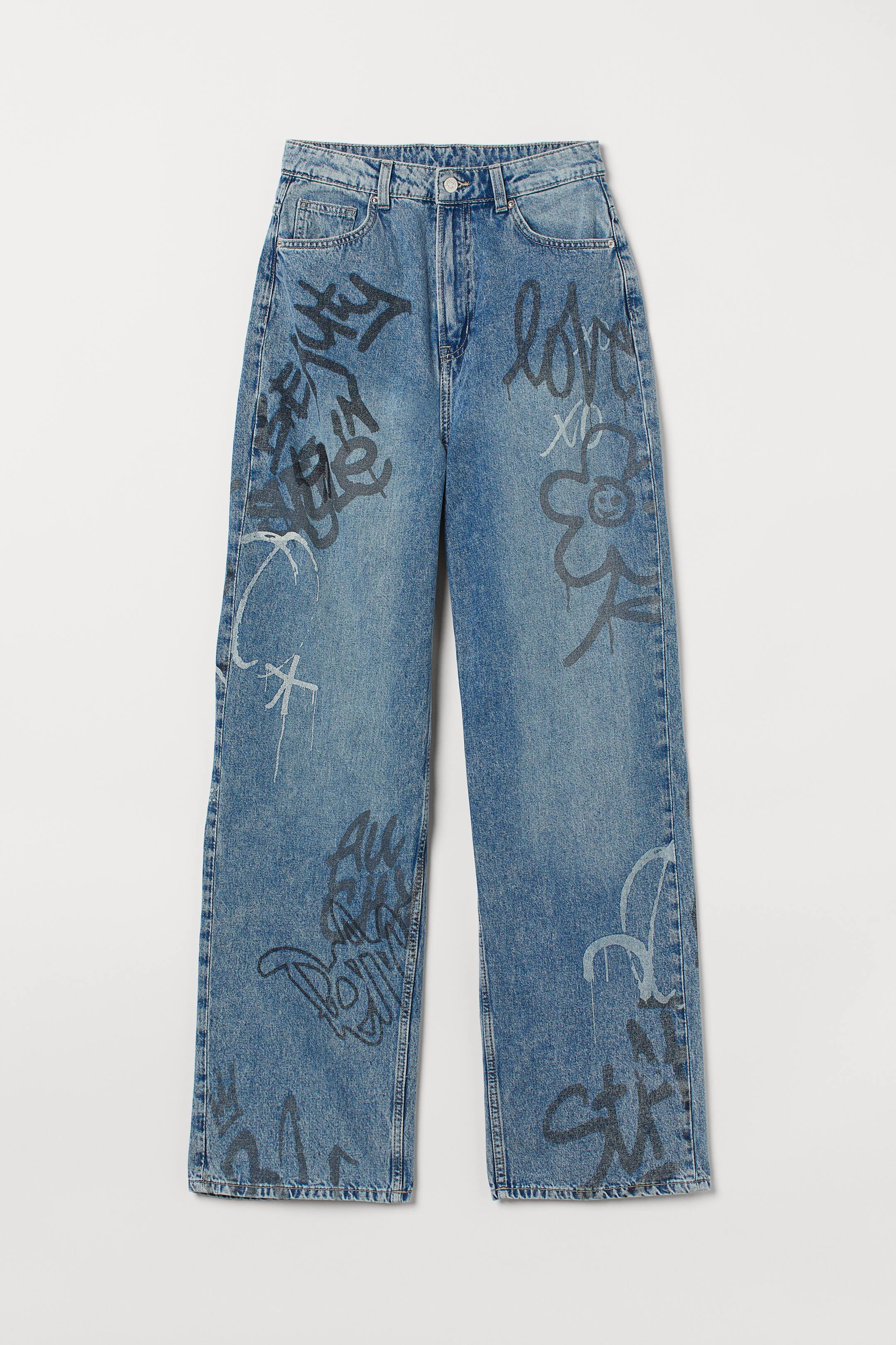 Jeans Baggy Donna/uomo, Vita Alta E Stampa, In Denim Largo Nero - Stile Goth Streetwear