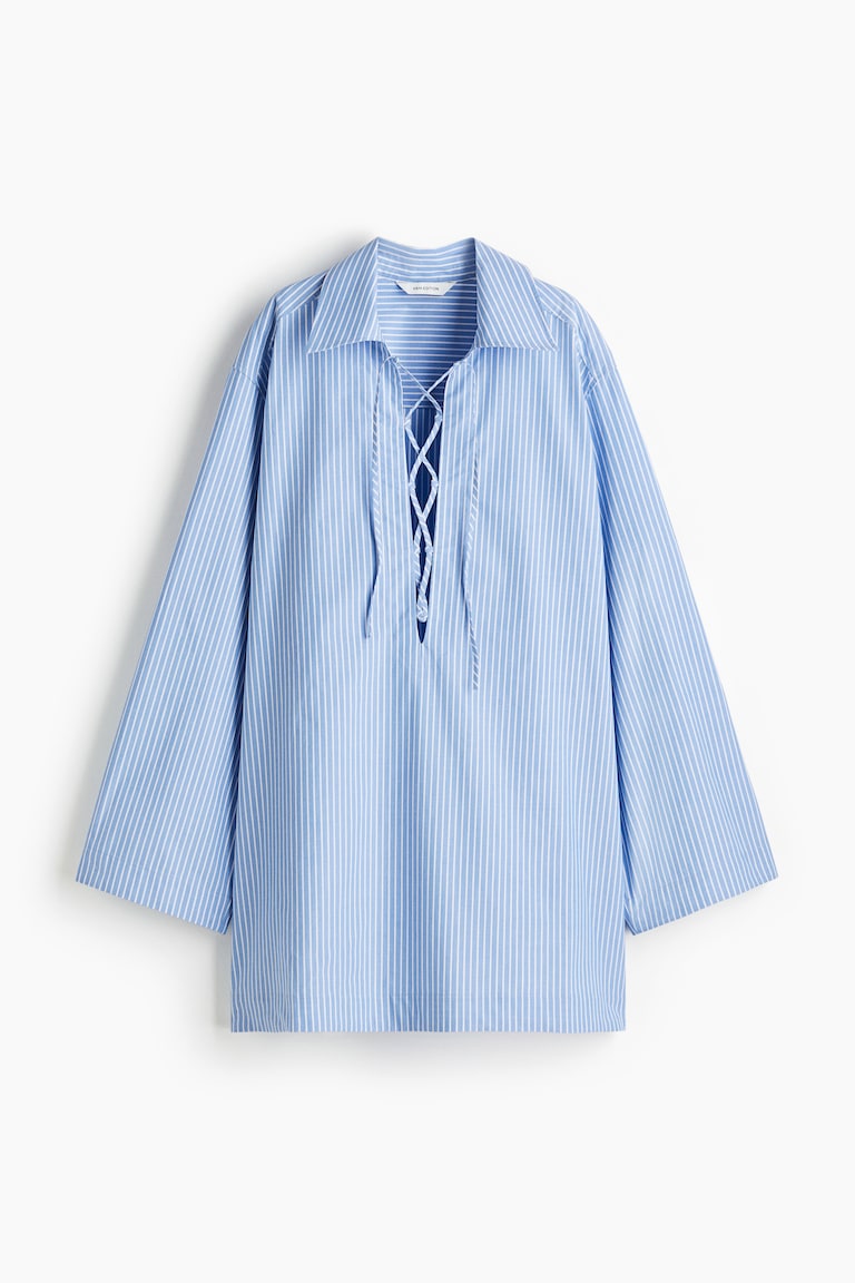 Women's Blue/white striped Lace-Up Shirt Dress | H&M US Women's Blue/white striped Lace-Up Shirt Dress | H&M US