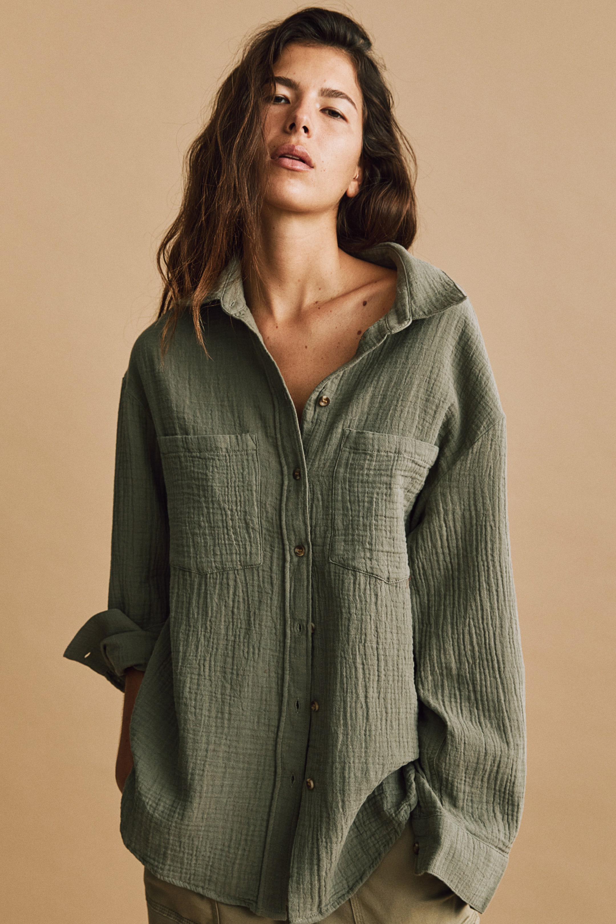 Cotton Shirt - Long sleeve - Regular length - Khaki green - Ladies | H&M US