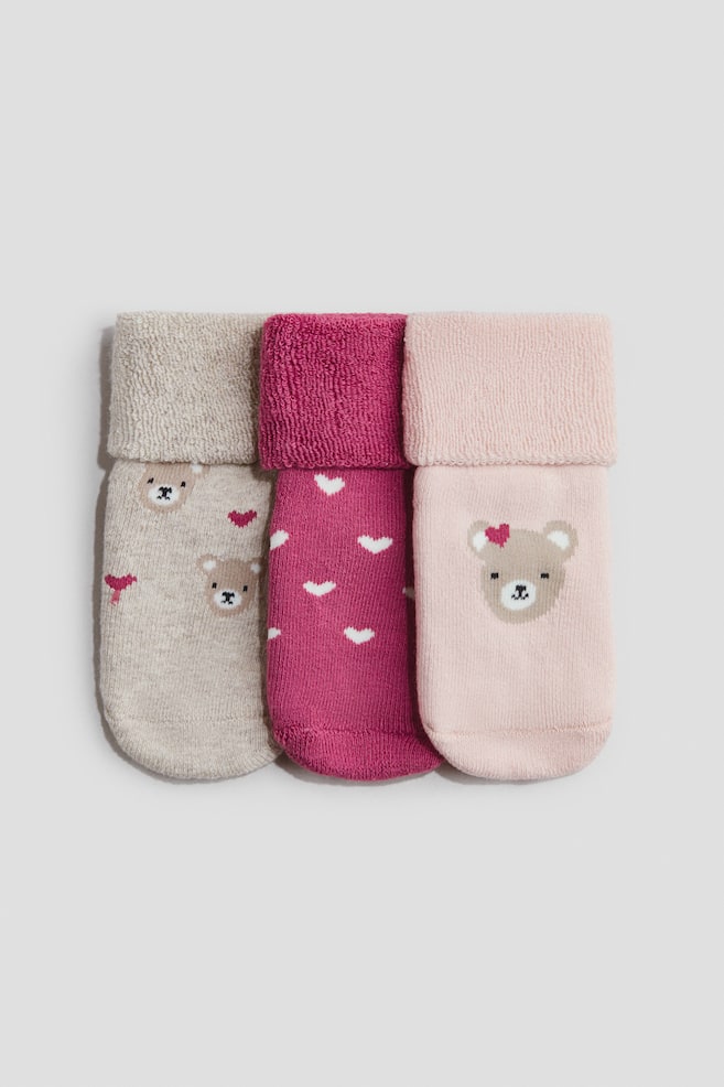 3-pack terry socks - Light pink/Teddy bears/Red/Hearts - 1